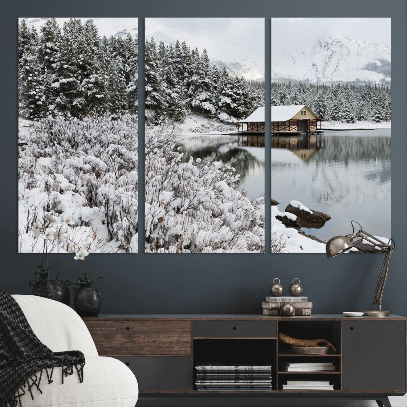 29975-MGV-CV-36X24-Winter Cabin by the Lake Wall Art – Snowy Mountain Landscape Canvas Print, Rustic Lodge Cabin Decor for Cozy Living Room, Bedroom
