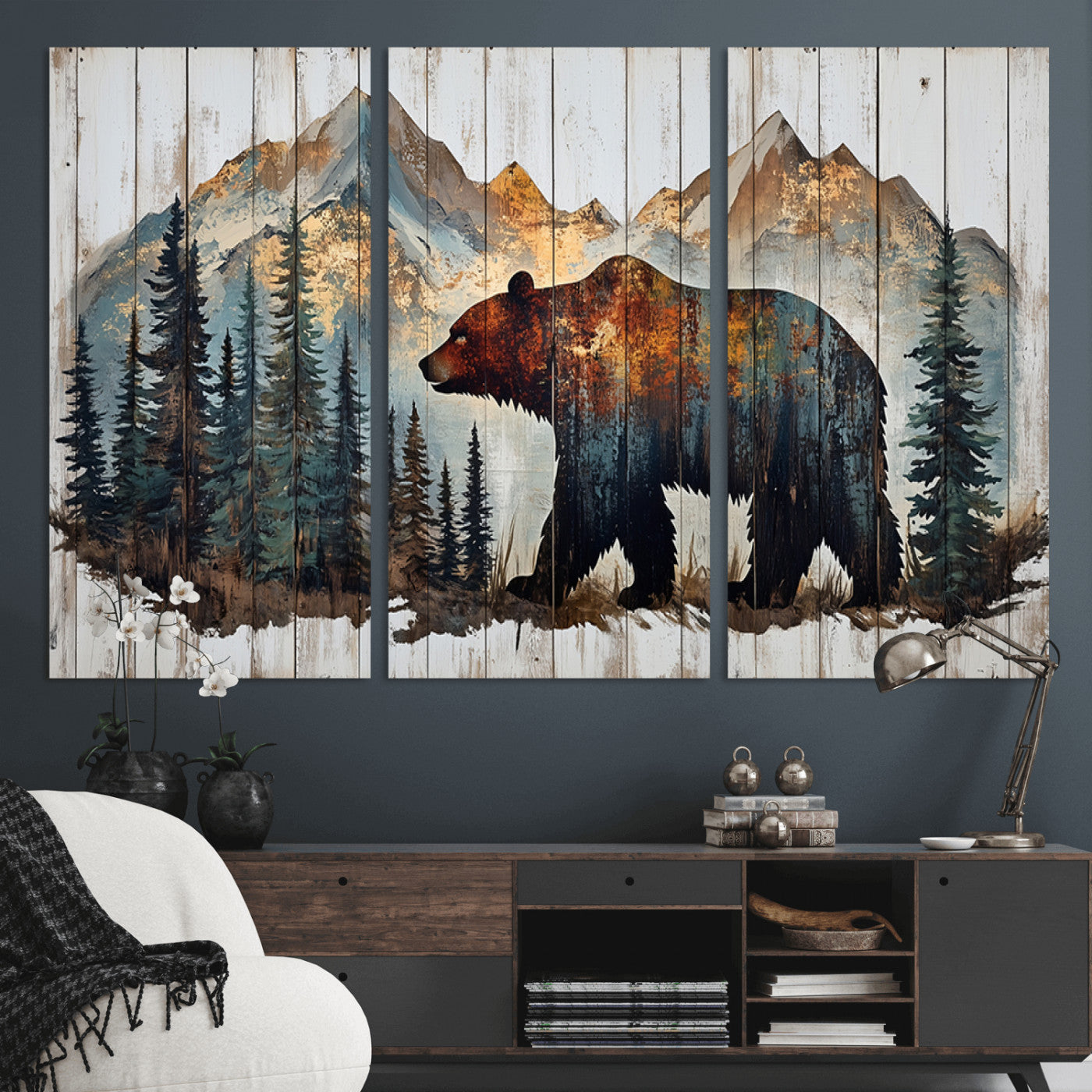 55777-MGV-CV-36X24-Rustic Bear Wall Art Canvas Print, Framed Mountain and Forest Art Picture Print, Wooden Bear Perfect Rustic Lodge Decor Artwork