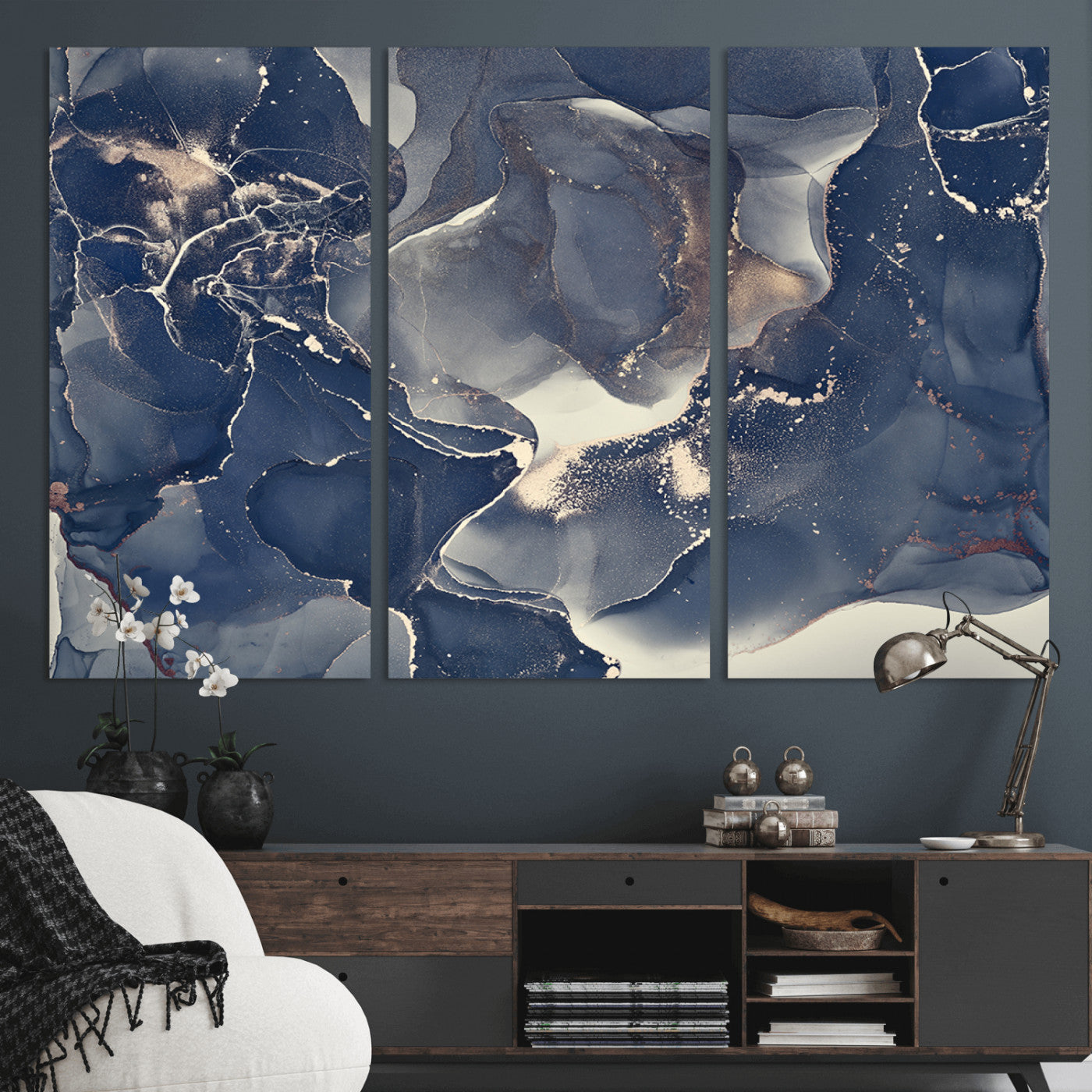 28282-MGV-CV-48X32-3P-Blue Abstract Wall Art – Modern Ink Swirl Canvas Print, Contemporary Navy and Gold Painting for Living Room, Bedroom, Office or