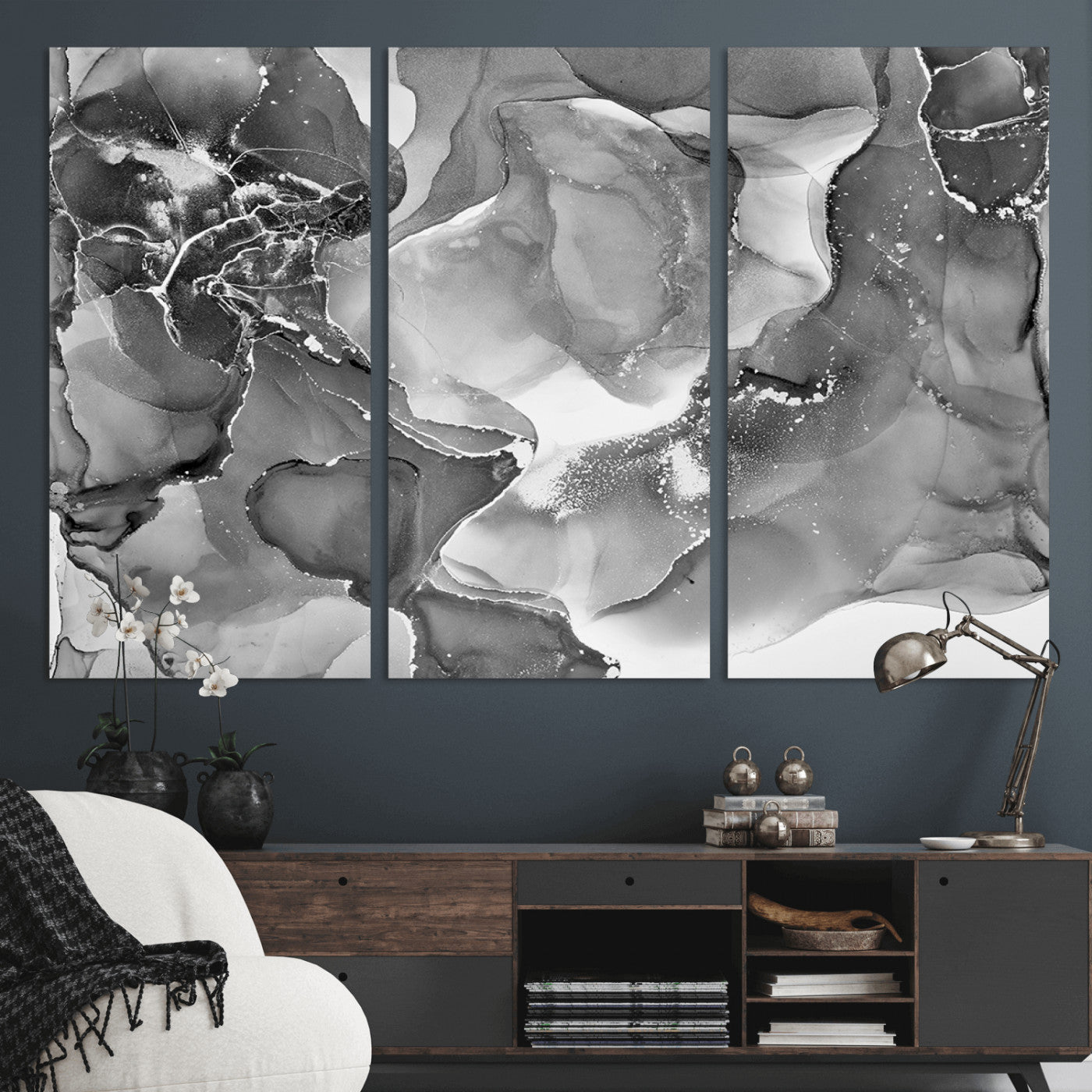 15911-MGV-CV-48X32-3P-Black and White Abstract Wall Art – Modern Ink Swirl Canvas Print, Minimalist Contemporary Painting for Living Room, Bedroom,