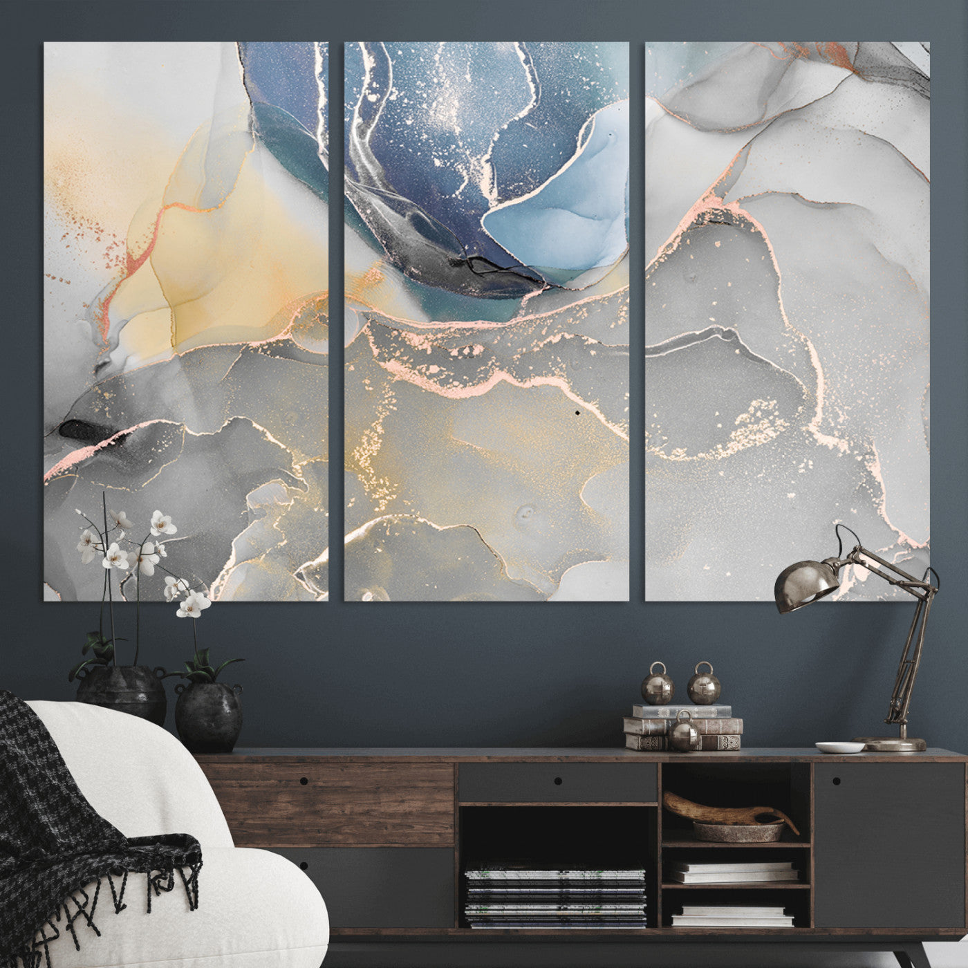 18176-MGV-CV-36X24-Abstract Fluid Wall Art – Modern Marble Ink Canvas Print with Blue, Gold, and Gray Tones, Contemporary Minimal Artwork Decor for