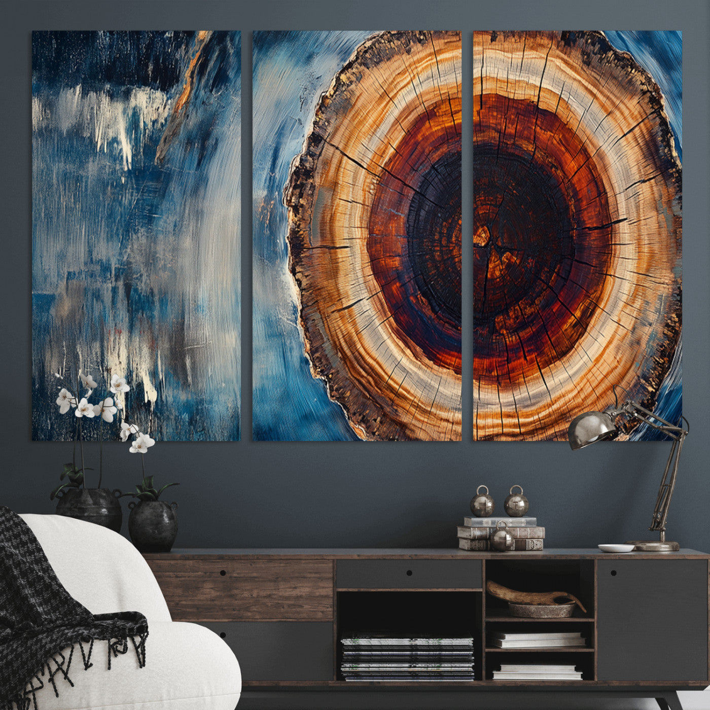 48045-MGV-CV-48X32-3P-Tree Ring Abstract Wall Art – Rustic Wood Grain Canvas Print with Brown Center and Blue Brush Strokes, Nature Inspired Artwork for