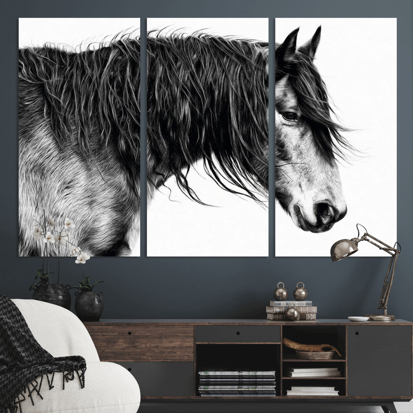 57694-MGV-CV-36X24-Horse Portrait Wall Art – Black and White Canvas Print with Detailed Stallion Profile, Rustic Farmhouse Equestrian Artwork for