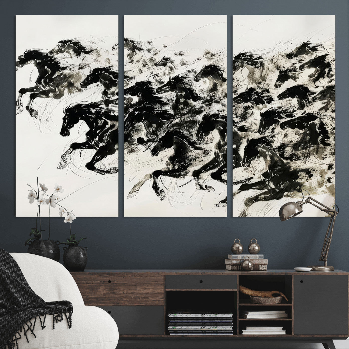 23069-MGV-CV-36X24-Galloping Horses Wall Art – Black Ink Painting on Canvas, Dynamic Equestrian Artwork with Running Stallions, Expressive Modern