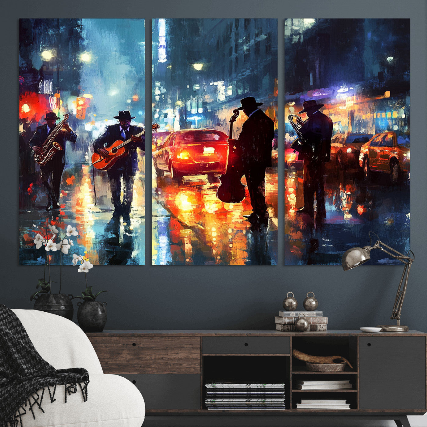 94605-MGV-CV-36X24-City Jazz Night Wall Art – Vibrant Music Canvas Print Featuring Saxophone, Guitar and Bass Players, Urban Street Scene Artwork for