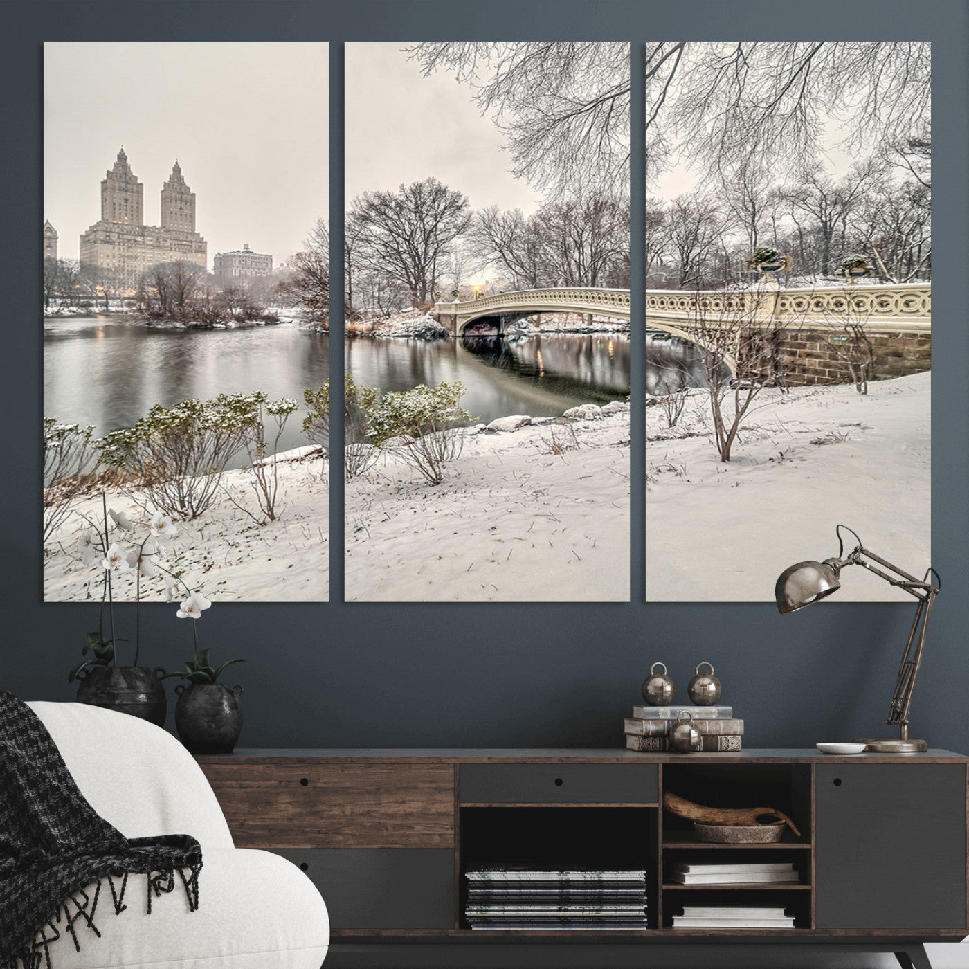 60292-MGV-CV-36X24-Central Park Winter Wall Art – Snowy Bow Bridge Canvas Print, Scenic New York City Landscape Photography for Living Room, Bedroom