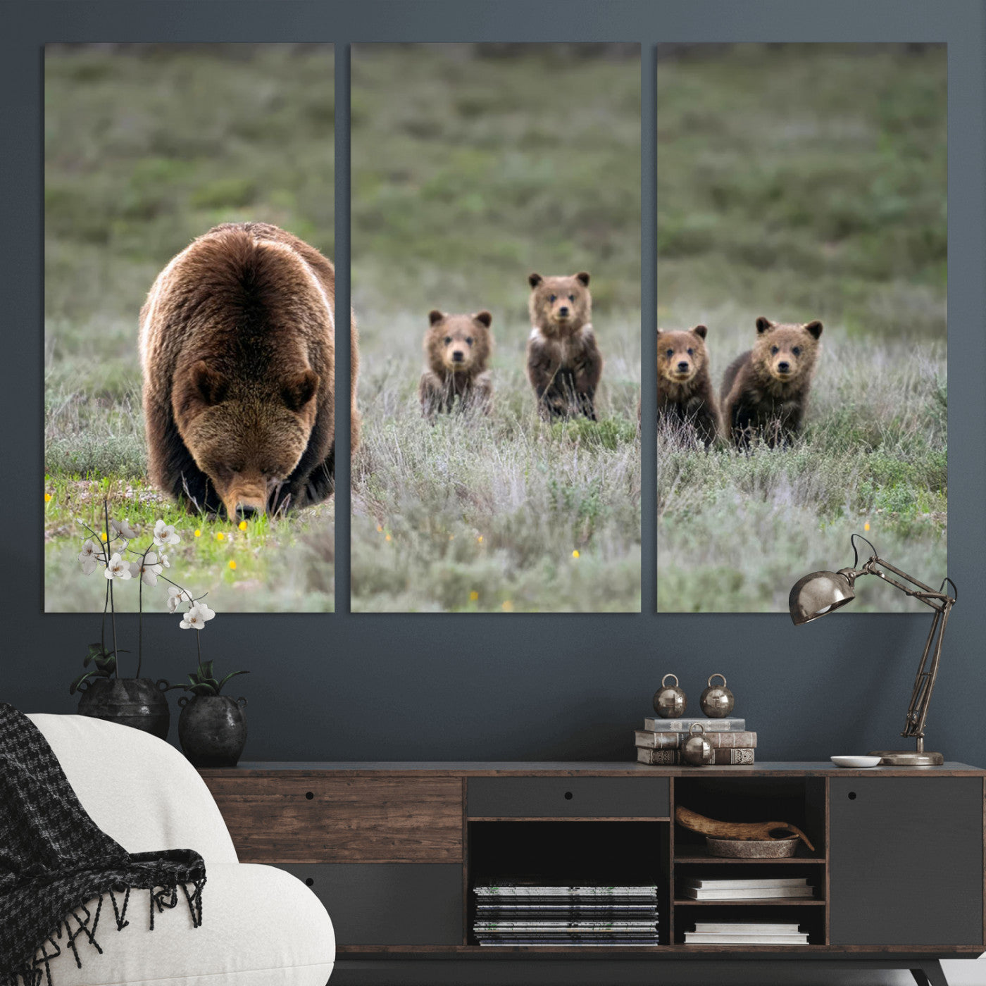 65087B-MGV-CV-36X24-Bear Family Wall Art – Wildlife Canvas Print Featuring Mother Bear with Cubs in Nature, Rustic Animal Artwork for Living Room,
