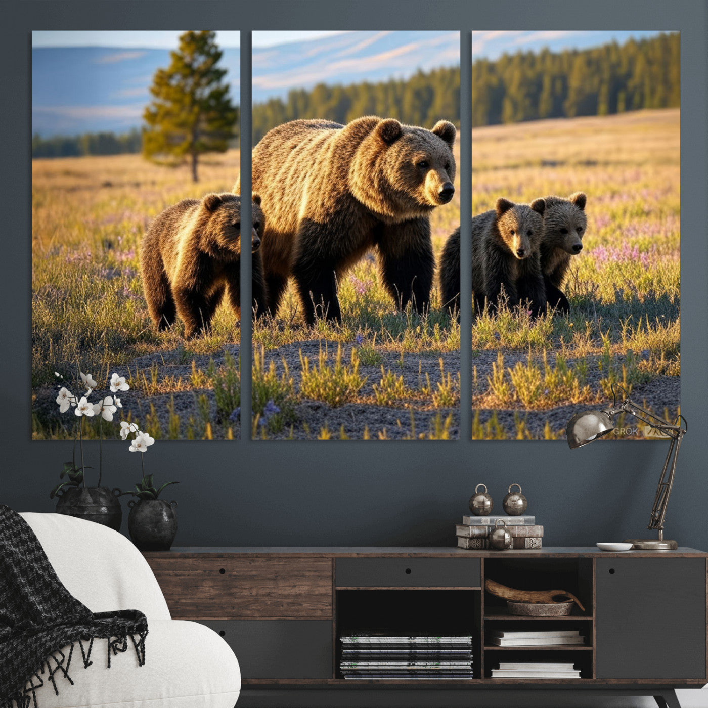43400-MGV-CV-36X24-Bear Family Wall Art – Wildlife Canvas Print of Mother Bear with Cubs in Sunlit Meadow, Rustic Animal Artwork for Living Room,