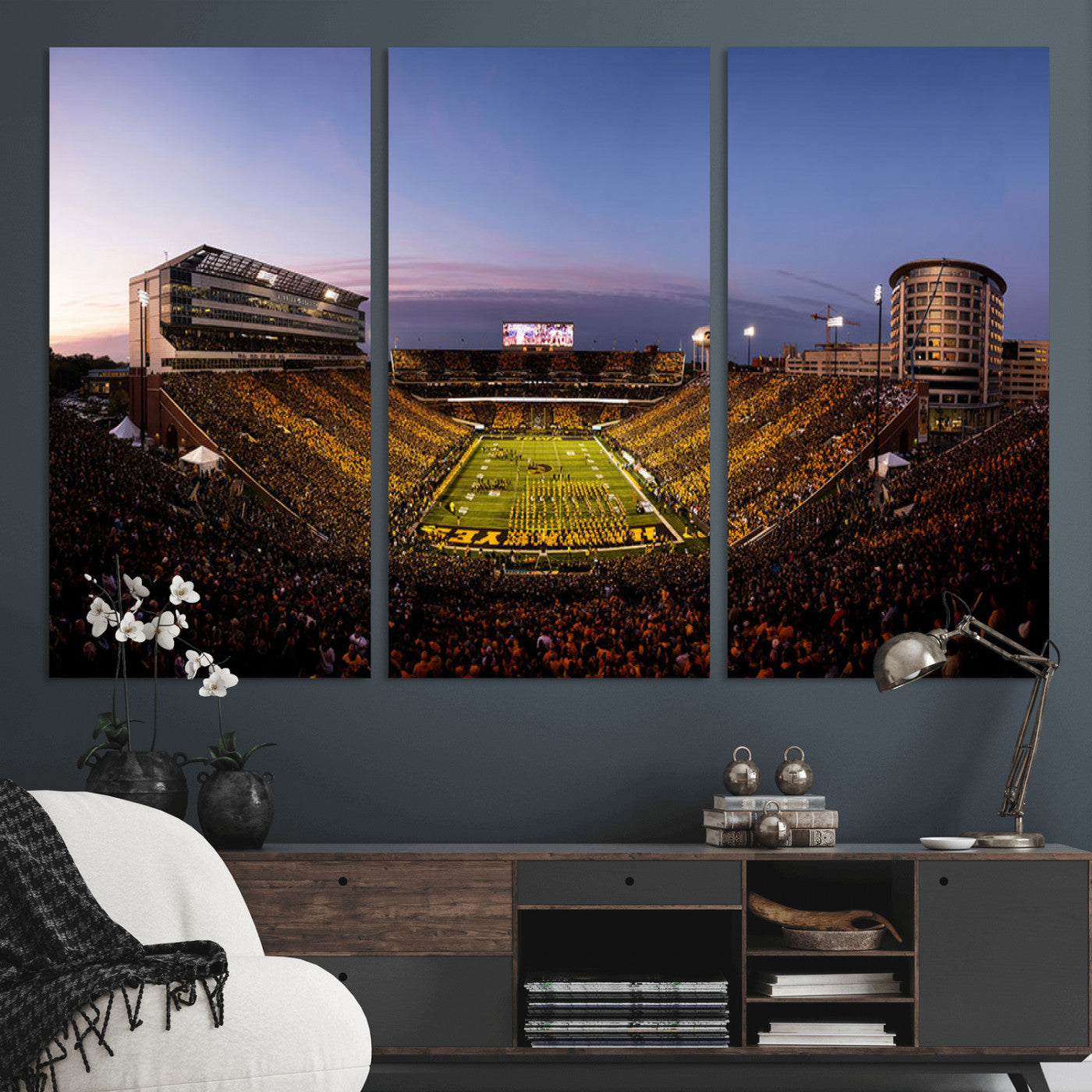 82557-MGV-CV-36X24-College Football Stadium Wall Art – Panoramic Sunset Canvas Print with Marching Band and Game Day Crowd, Sports Artwork for Man
