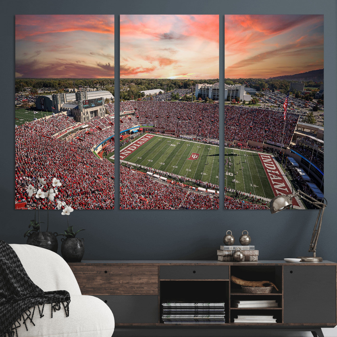 51135-MGV-CV-36X24-Indiana Hoosiers Stadium Wall Art – Panoramic Football Canvas Print with Game Day Crowd and Sunset Sky, Sports Artwork for Man