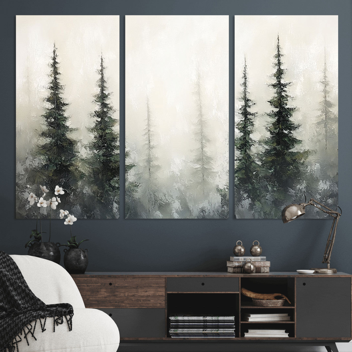 33241-MGV-CV-36X24-Misty Forest Wall Art Canvas Print, Framed Foggy Pines Art Picture Print, Forest Haze Perfect Rustic Minimalist Decor Artwork