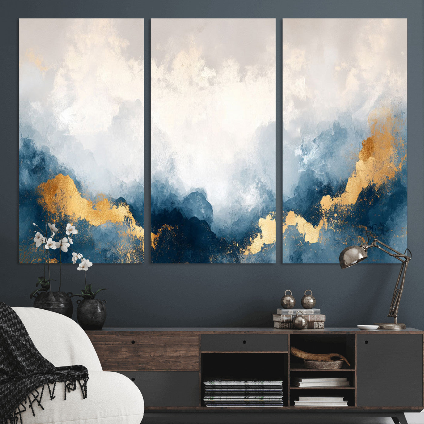 14578-MGV-CV-36X24-Abstract Wall Art – Modern Canvas Print Featuring Blue and White Clouds with Golden Accents, Contemporary Elegant Artwork for