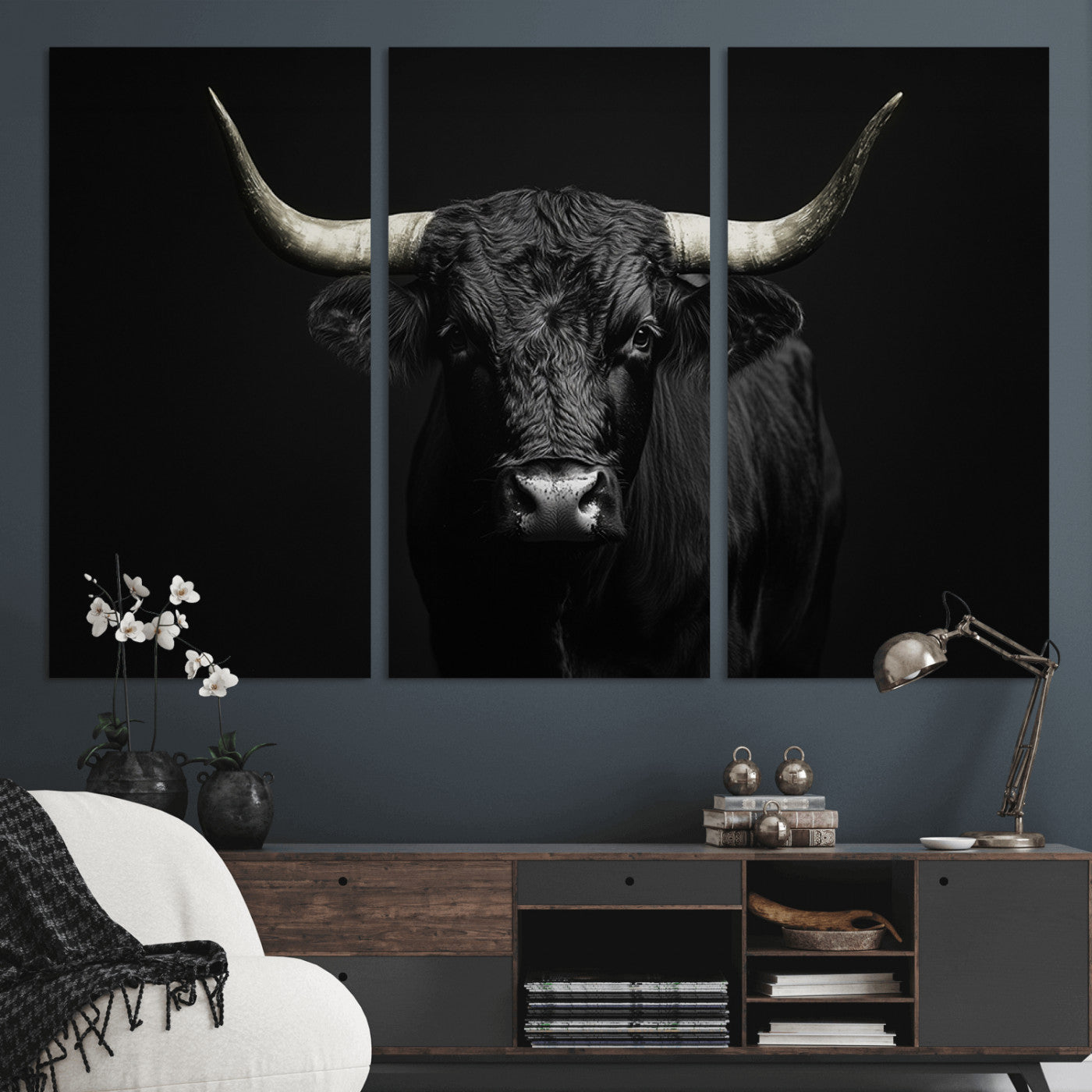 97914921-MGV-CV-36X24-Black Bull Wall Art Canvas Print, Framed Longhorn Bull Art Picture Print, Western Bull Perfect Monochrome Western Decor Artwork