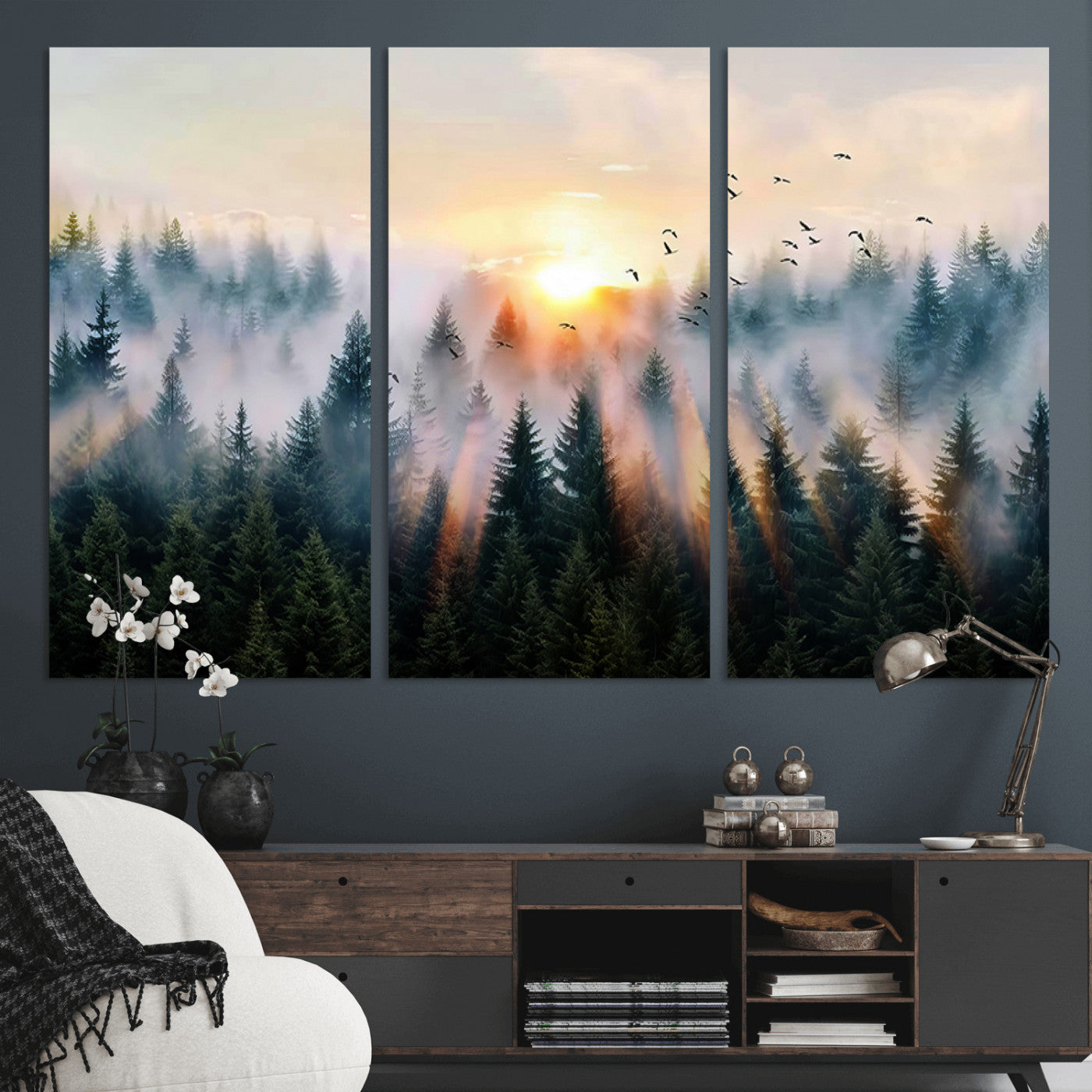 56391411-MGV-CV-36X24-Misty Forest Wall Art Canvas Print, Framed Sunrise Pines Art Picture Print, Moody Pines Perfect Serene Woodland Decor Artwork