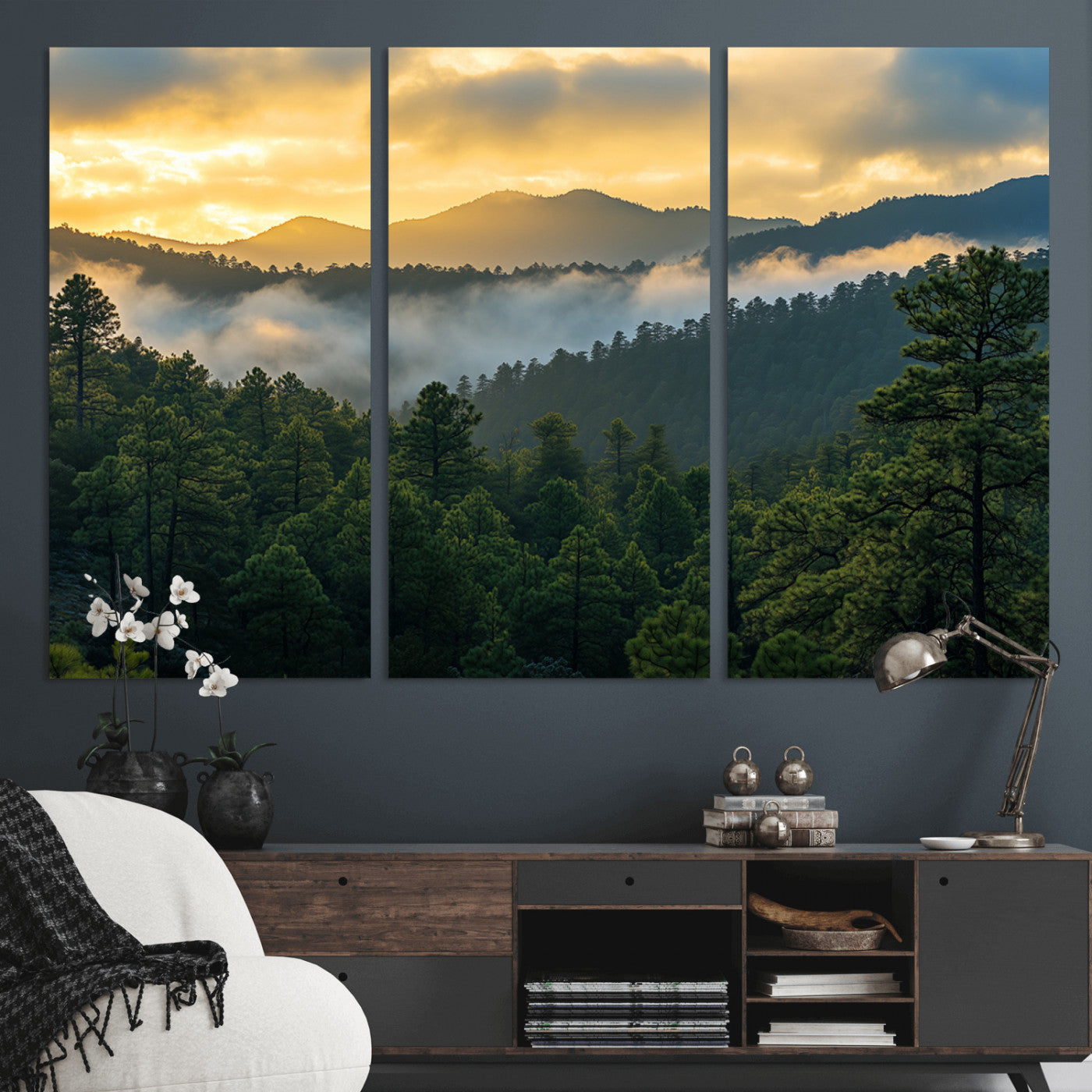 68082278-MGV-CV-36X24-Mountain Sunrise Wall Art Canvas Print, Framed Pine Forest Art Picture Print, Misty Mountains Perfect Earthy Woodland Decor