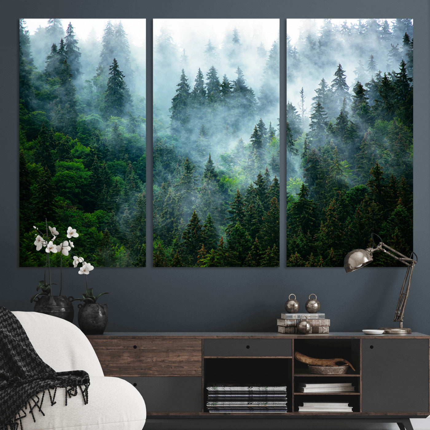 17393683-MGV-CV-36X24-Misty Forest Art Wall Art Canvas Print, Framed Foggy Mountain Art Art Picture Print, Scenic Wall Print Perfect Decor Artwork