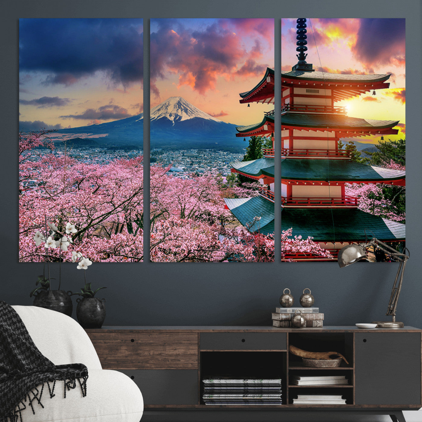 32331262-MGV-CV-36X24-Mount Fuji Japan Wall Art – Cherry Blossom Landscape Canvas Print, Chureito Pagoda Sunset Photography, Japanese Nature Travel