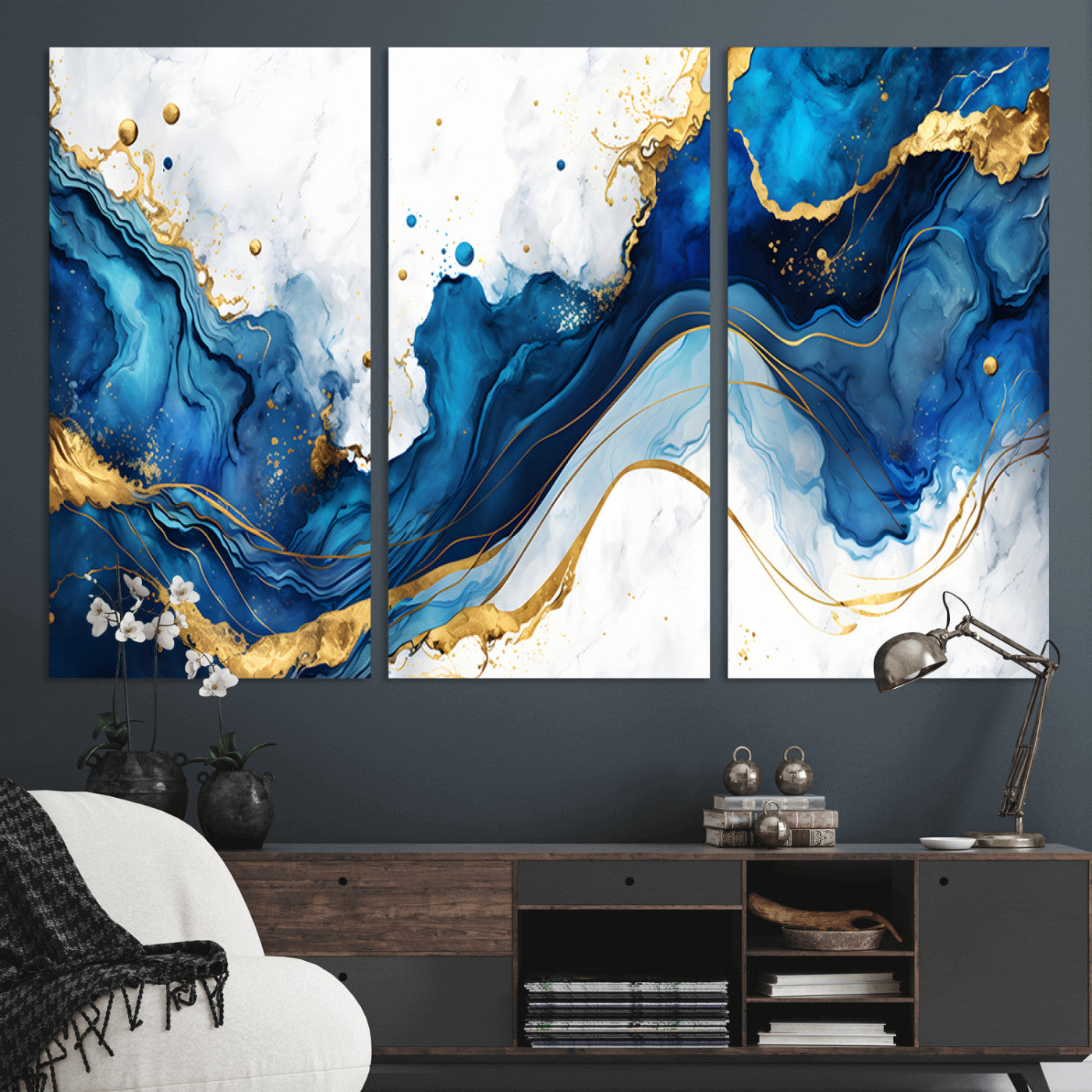 33506371-MGV-CV-36X24-Blue Marble Wall Art Canvas Print, Framed Gold Splash Art Picture Print, Abstract Wave Perfect Modern Luxe Decor Artwork