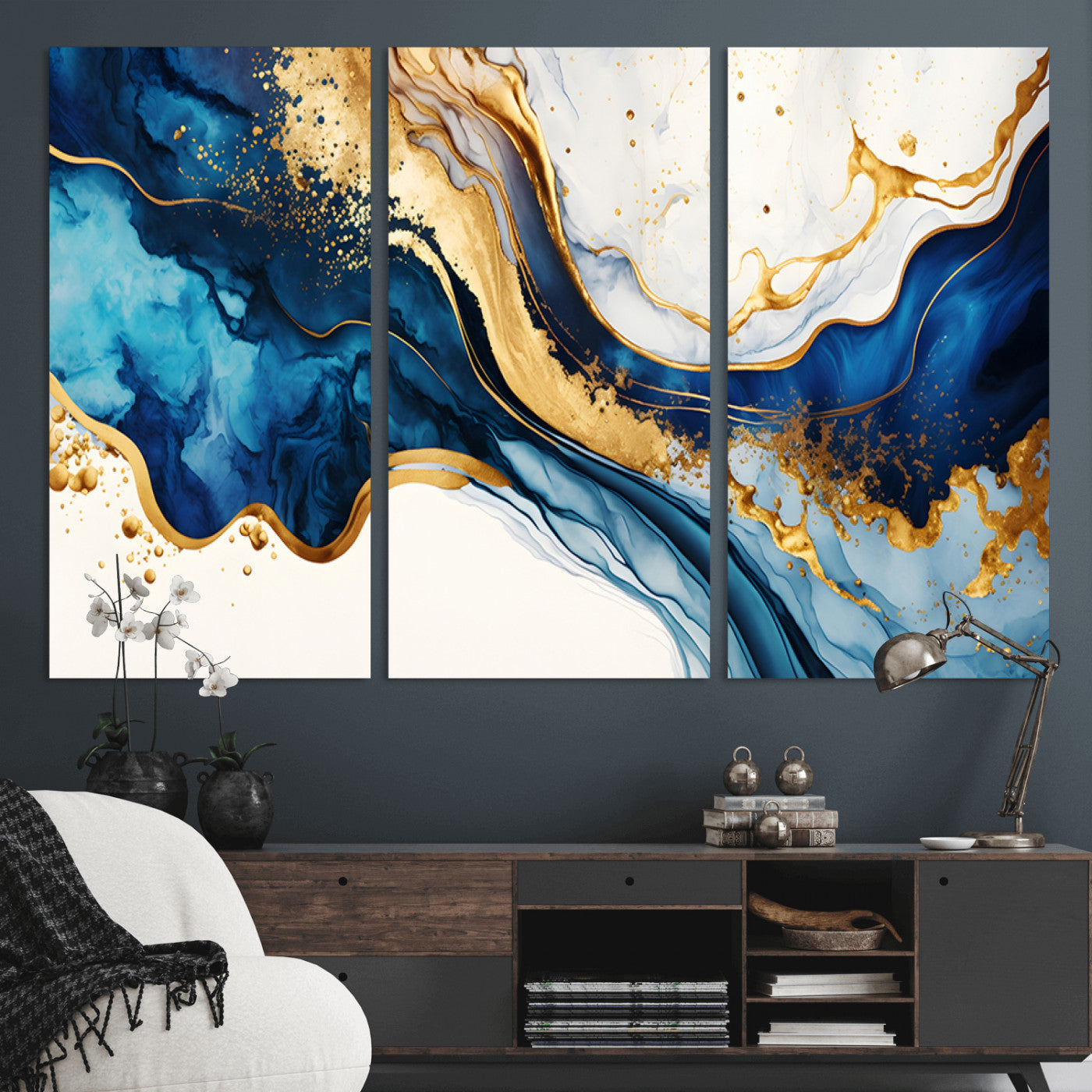 60283636-MGV-CV-36X24-Blue Gold Flow Wall Art Canvas Print, Framed Marble Texture Art Picture Print, Elegant Splash Perfect Elegant Abstract Decor