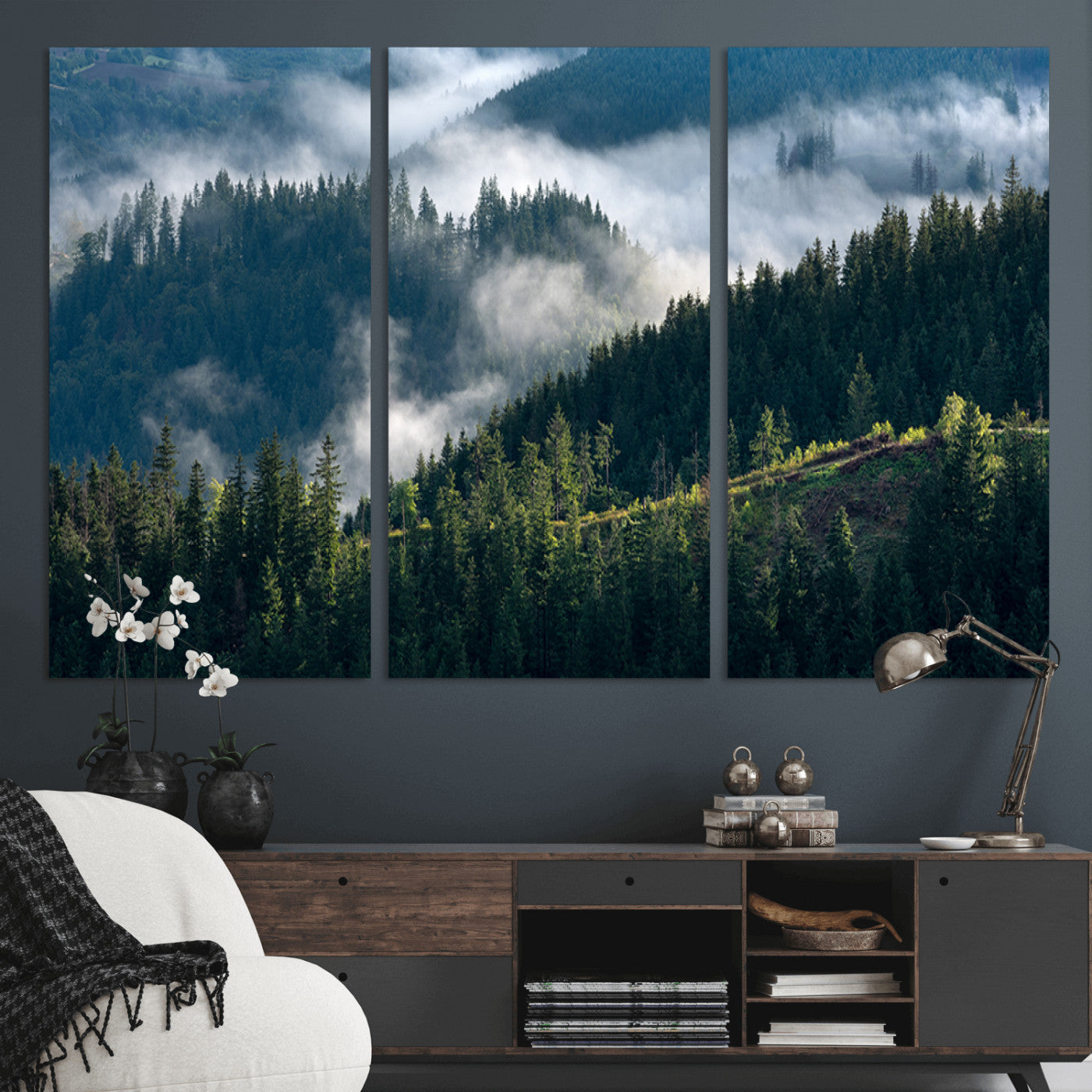 84598503-MGV-CV-36X24-Misty Forest Wall Art Canvas Print, Framed Pine Hills Art Picture Print, Moody Hills Perfect Moody Woodland Decor Artwork