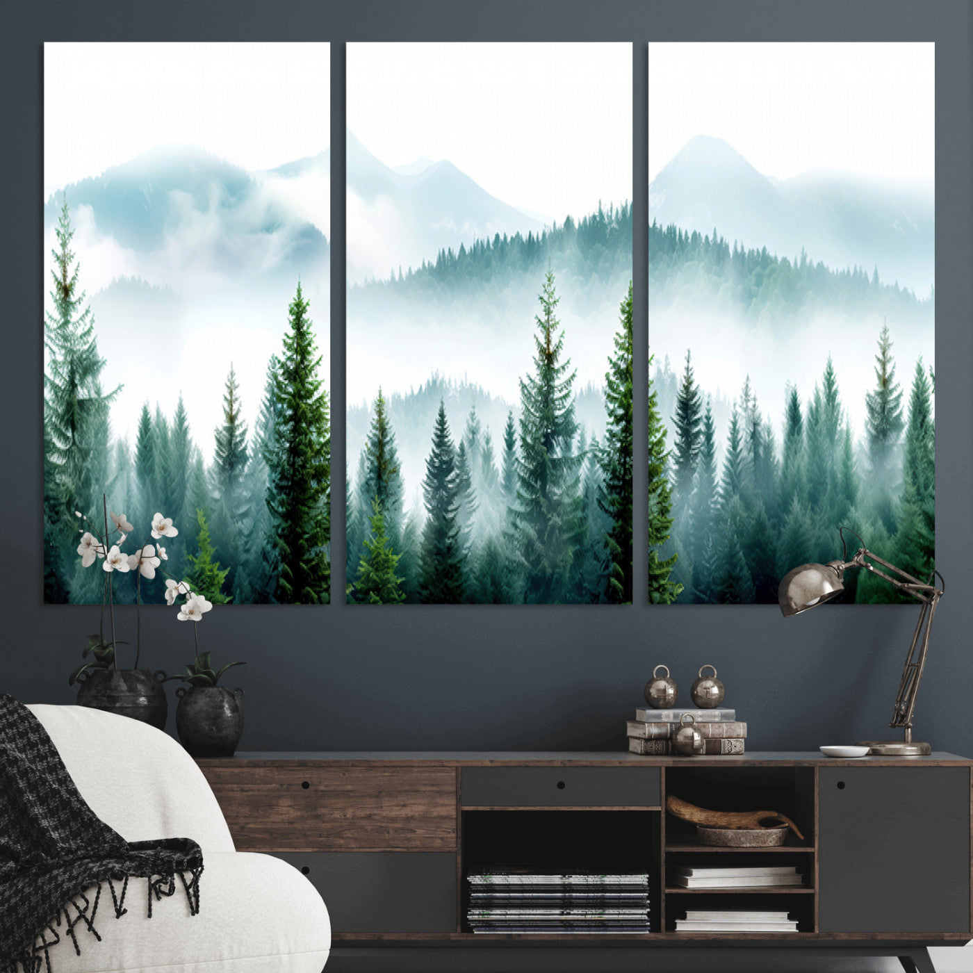 16716676-MGV-CV-36X24-Pine Forest Wall Art Canvas Print, Framed Misty Mountains Art Picture Print, Foggy Trees Perfect Moody Forest Decor Artwork