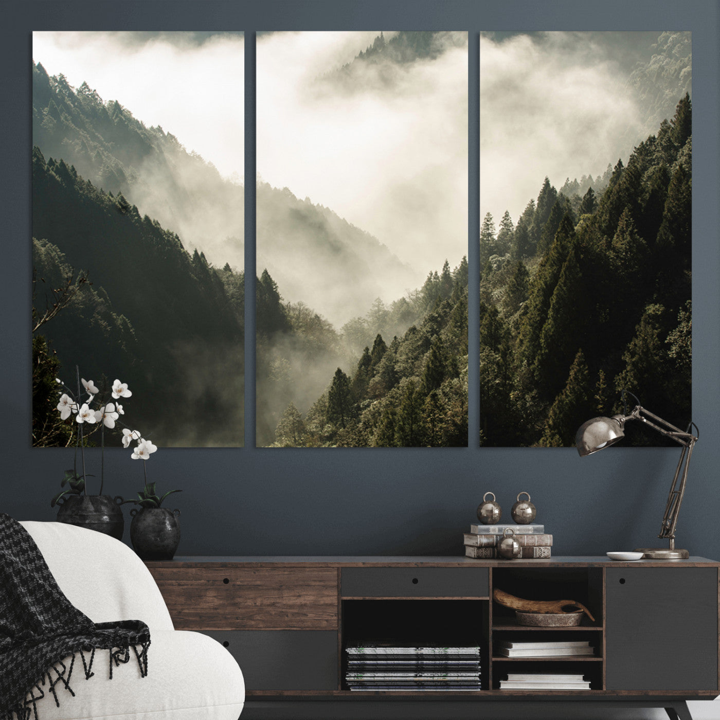 57570237-MGV-CV-36X24-Misty Valley Wall Art Canvas Print, Framed Foggy Forest Art Picture Print, Pine Trees Perfect Moody Woodland Decor Artwork