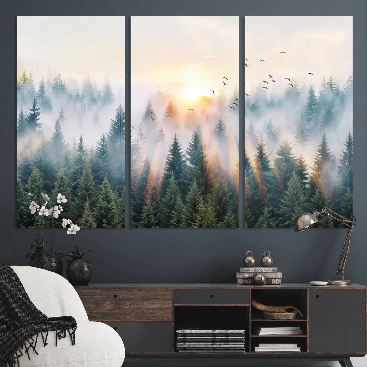92718976-MGV-CV-36X24-Misty Forest Wall Art Canvas Print, Framed Sunrise Pines Art Picture Print, Foggy Woodland Perfect Moody Woodland Decor Artwork