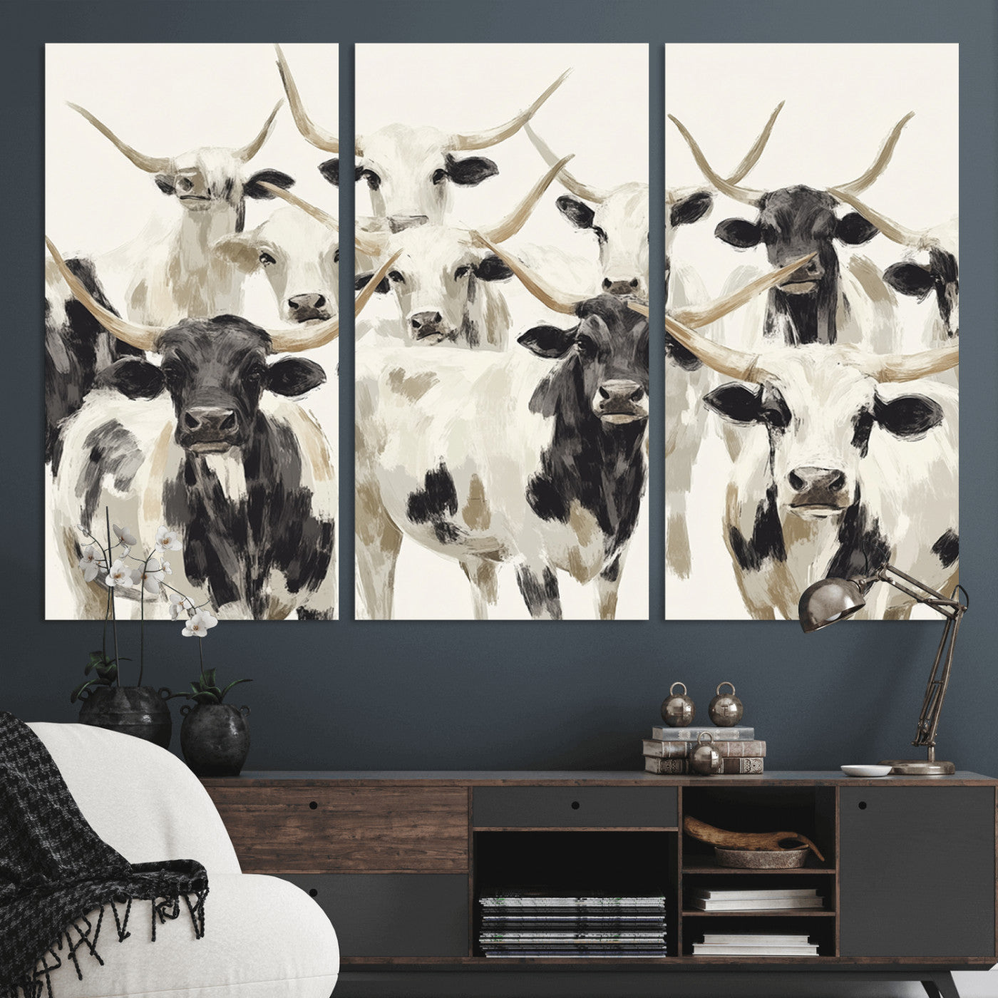 52947970-MGV-CV-36X24-Texas Longhorn Wall Art Canvas Print, Framed Cattle Herd Art Picture Print, Herd Portrait Perfect Modern Farmhouse Decor Artwork