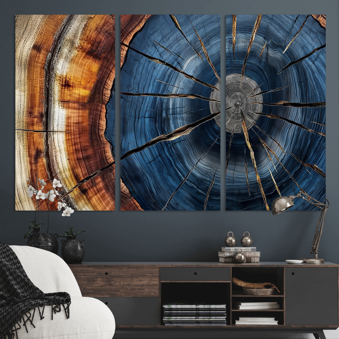 45268471-MGV-CV-36X24-Blue Tree Ring Wall Art – Rustic Wood Cross Section Canvas Print, Modern Abstract Nature Decor for Living Room, Office, or Cabin