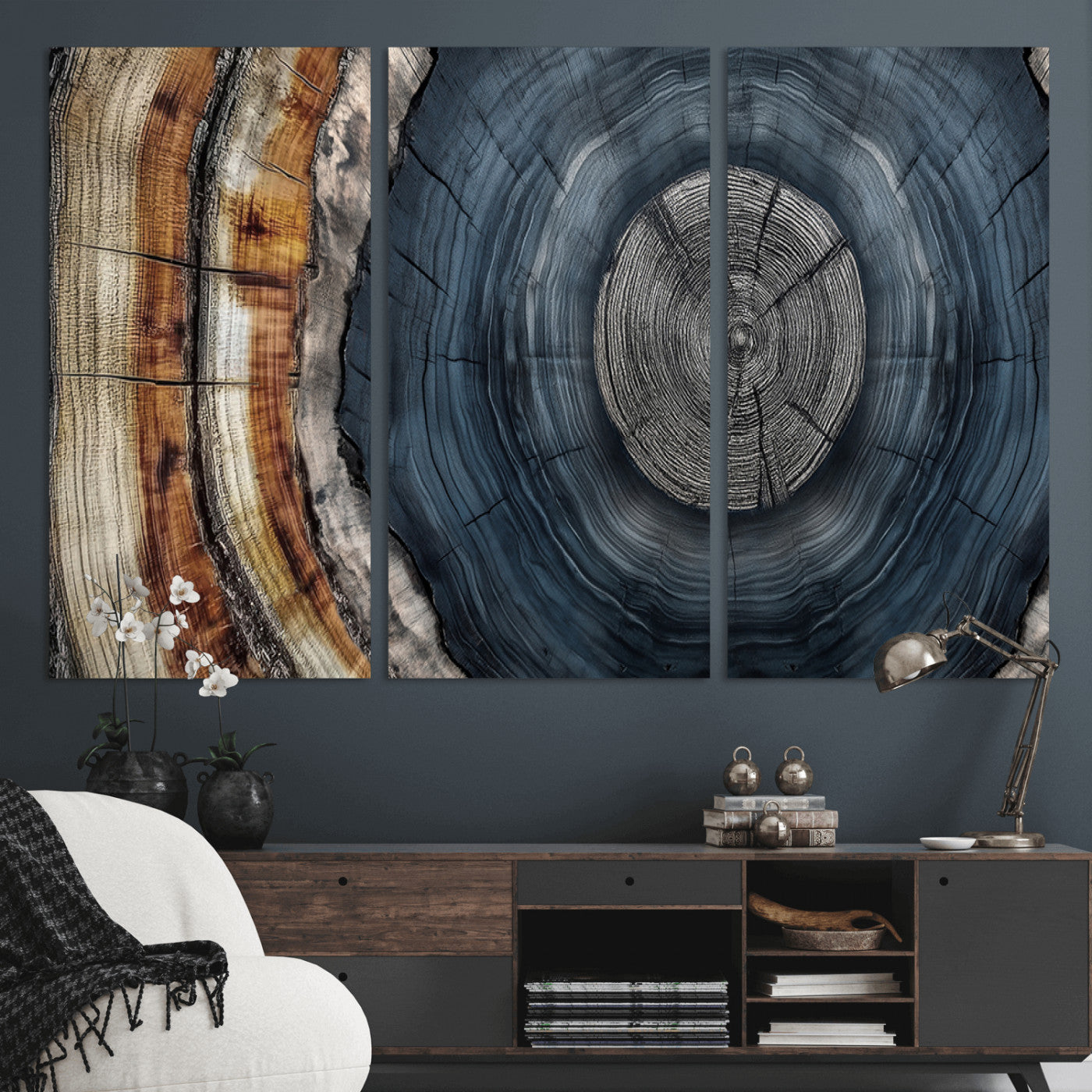 91368647-MGV-CV-36X24-Smoky Blue Tree Ring Wall Art – Rustic Wood Cross Section Canvas Print, Modern Nature Inspired Decor for Living Room, Office, or