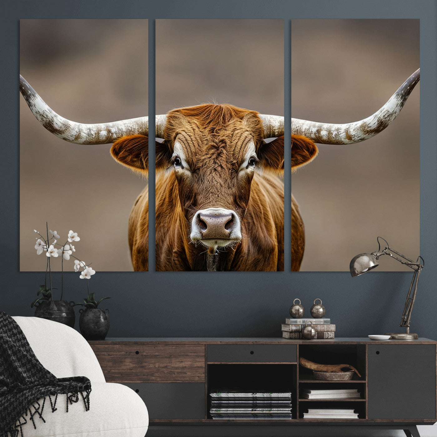 12179171-MGV-CV-36X24-Texas Longhorn Wall Art Canvas Print, Framed Brown Bull Art Picture Print, Lone Cattle Perfect Rustic Western Decor Artwork