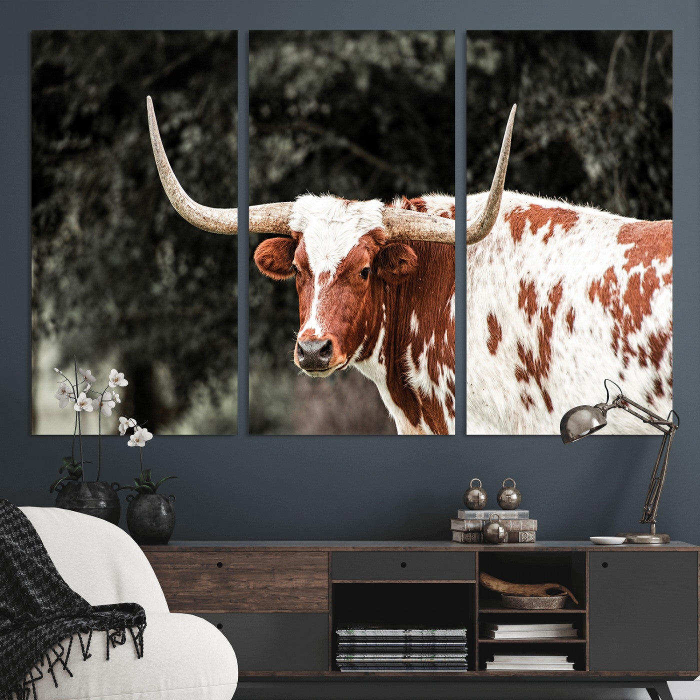 54027638-MGV-CV-48X32-3P-Texas Longhorn Wall Art Canvas Print, Framed Spotted Cow Art Picture Print, Horned Bull Perfect Rustic Western Decor Artwork