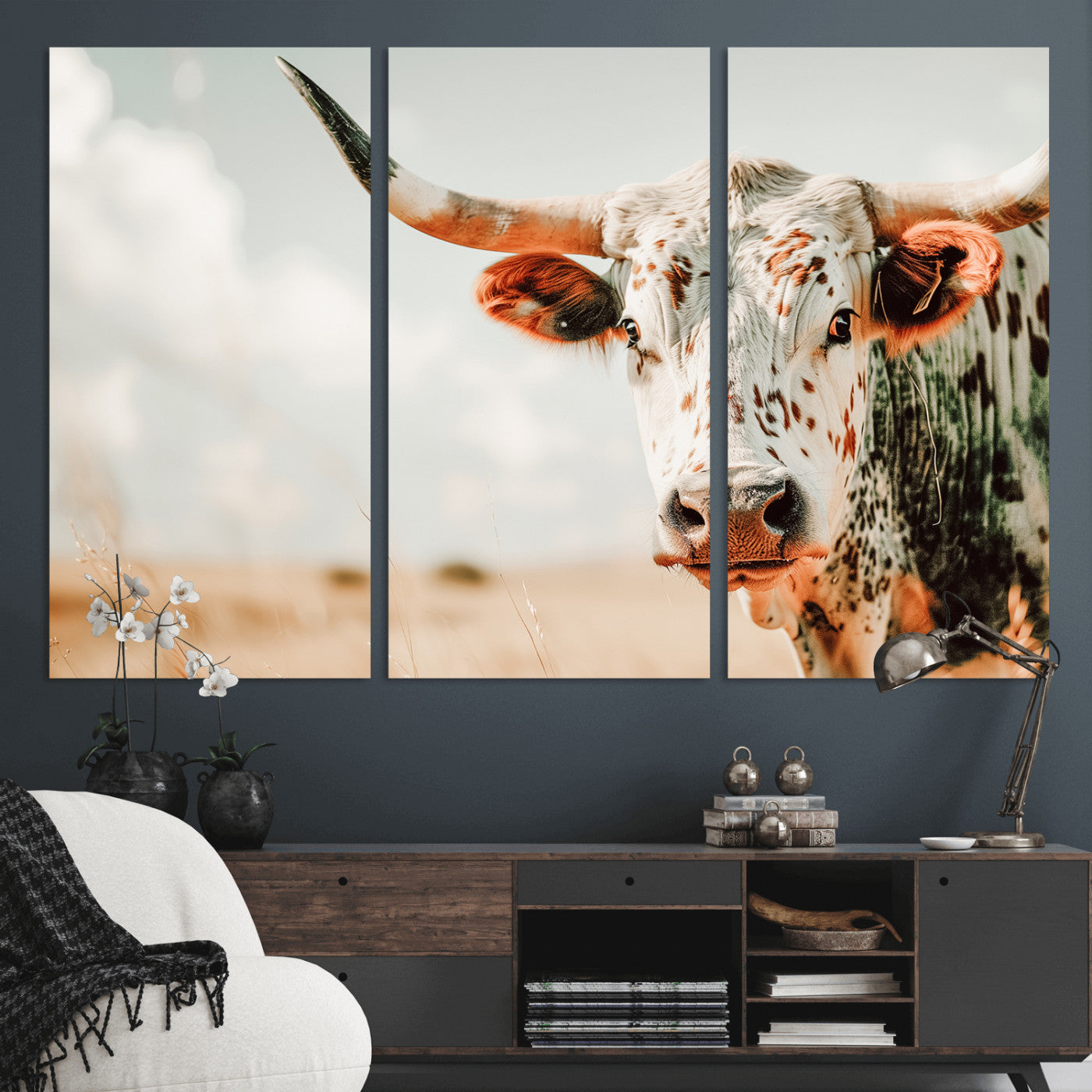 72766375-MGV-CV-36X24-Texas Longhorn Wall Art Canvas Print, Framed Spotted Cow Art Picture Print, Horned Cattle Perfect Rustic Western Decor Artwork