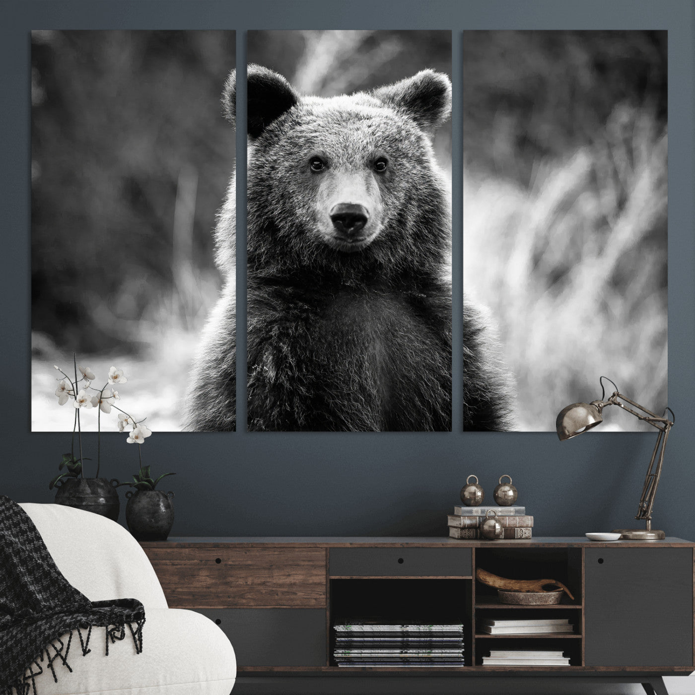 MGV-CV-48X32-3P - Grizzly Bear Wall Art Canvas Print, Framed Black White Bear Art Picture Print, Wild Bear Perfect Rustic Wildlife Decor Artwork