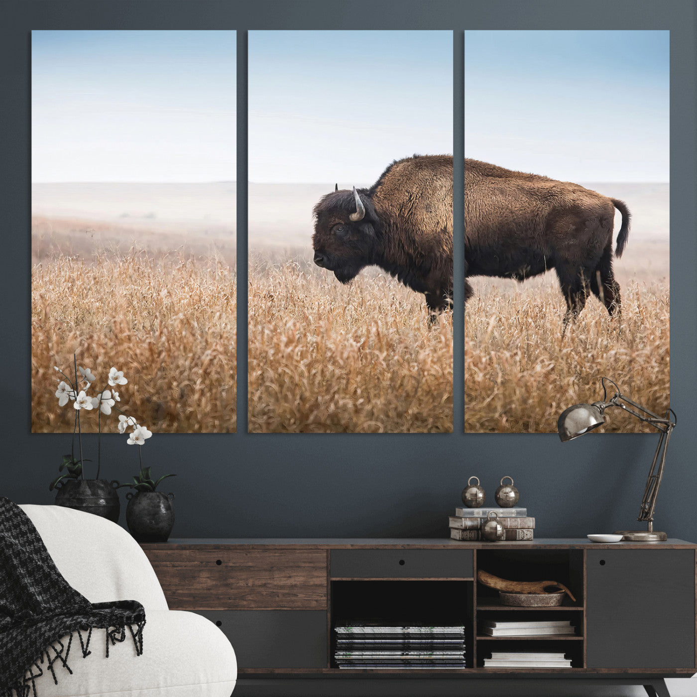 91267849-MGV-CV-48X32-3P-Wild Bison Wall Art Canvas Print, Framed Bison in Prairie Art Picture Print, Rustic Western Perfect Rustic Western Decor Artwork