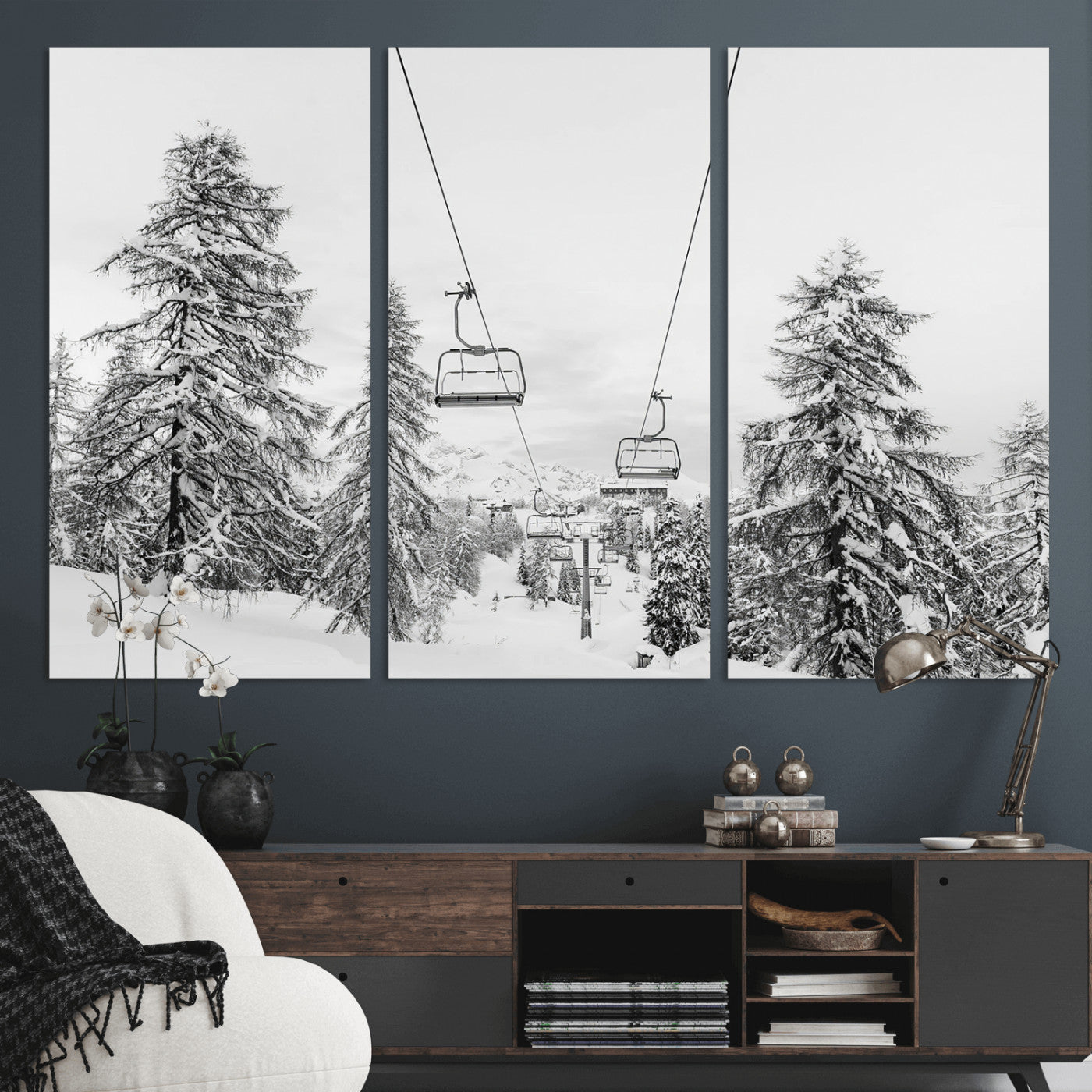 55003599-MGV-CV-48X32-3P-Snowy Ski Lift Wall Art Canvas Print, Framed Winter Forest Art Picture Print, Ski lift Ride Perfect Winter Lodge Decor Artwork