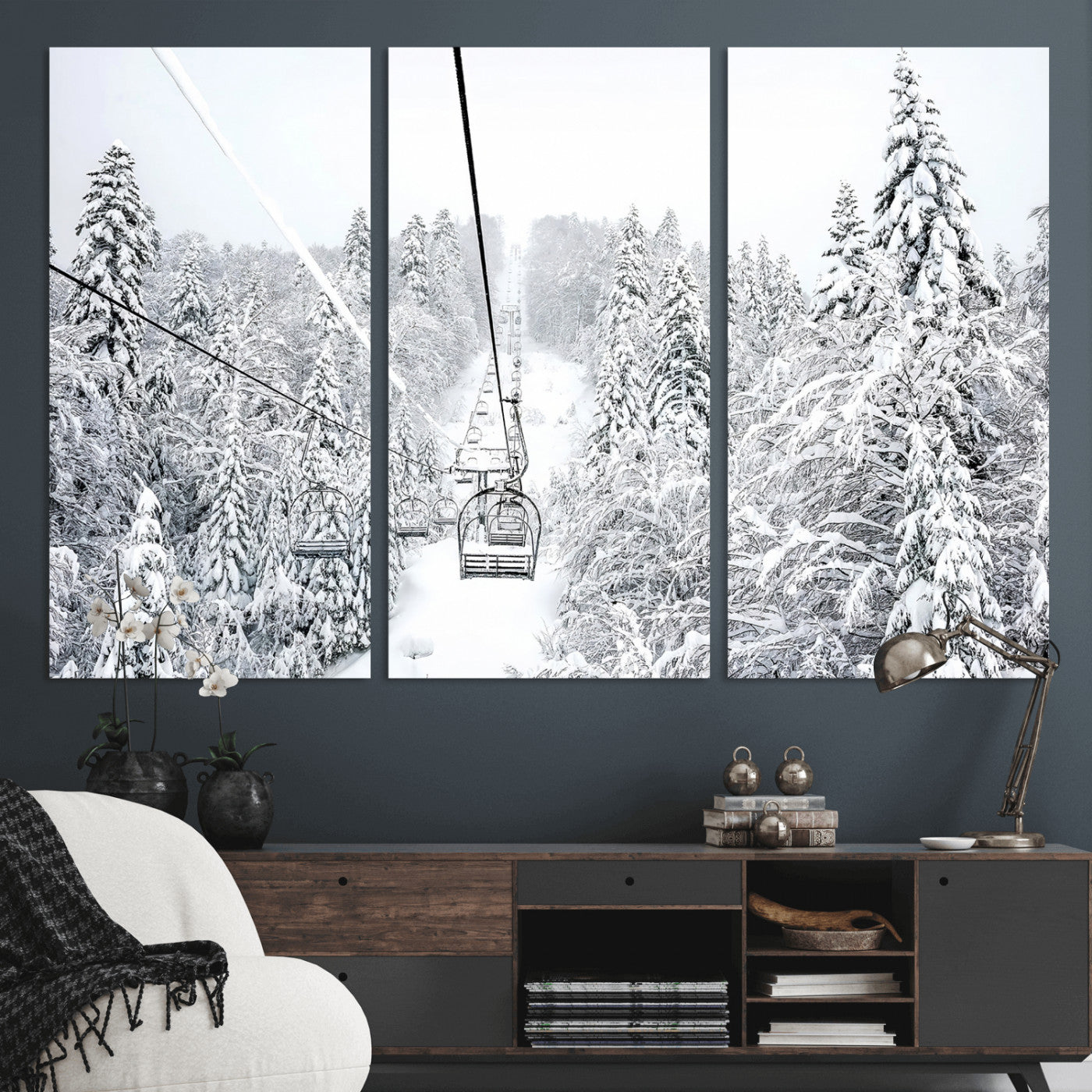 60296839-MGV-CV-36X24-Snowy Mountains Wall Art Canvas Print, Framed Ski Lift Art Picture Print, Winter Forest Perfect Winter Minimalist Decor Artwork