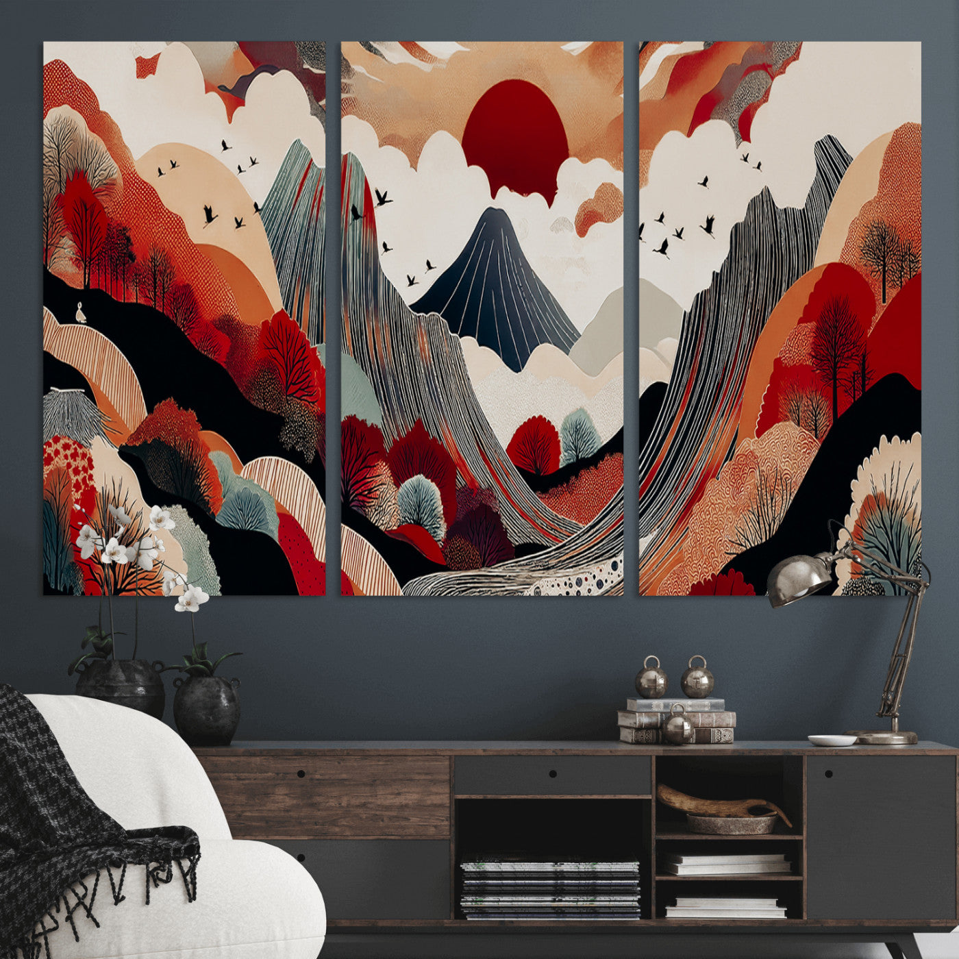 59495752-MGV-CV-48X32-3P-Abstract Mountain Wall Art Canvas Print, Framed Vibrant Landscape Art Picture Print, Nature Drawing Perfect Contemporary