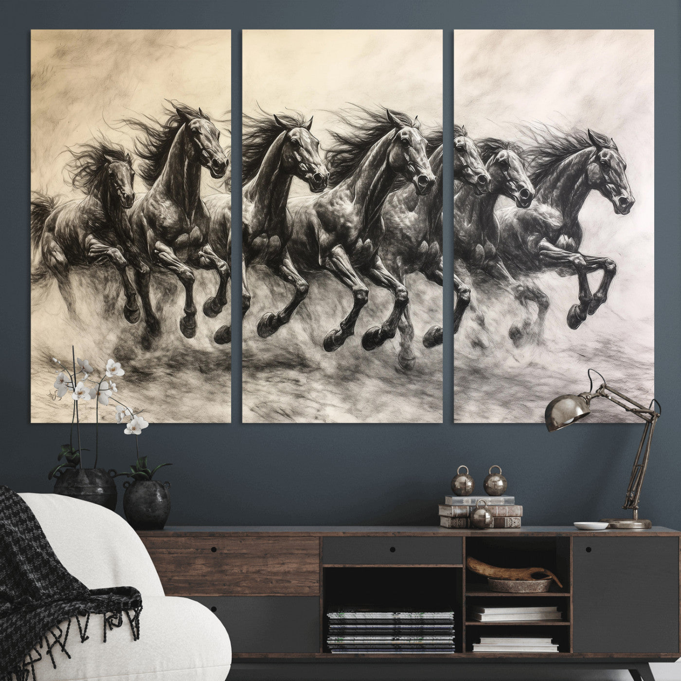 56089591-MGV-CV-36X24-Galloping Horses Wall Art Canvas Print, Framed Wild Stallions Art Picture Print, Horse Herd Sketch Perfect Monochrome Dynamic