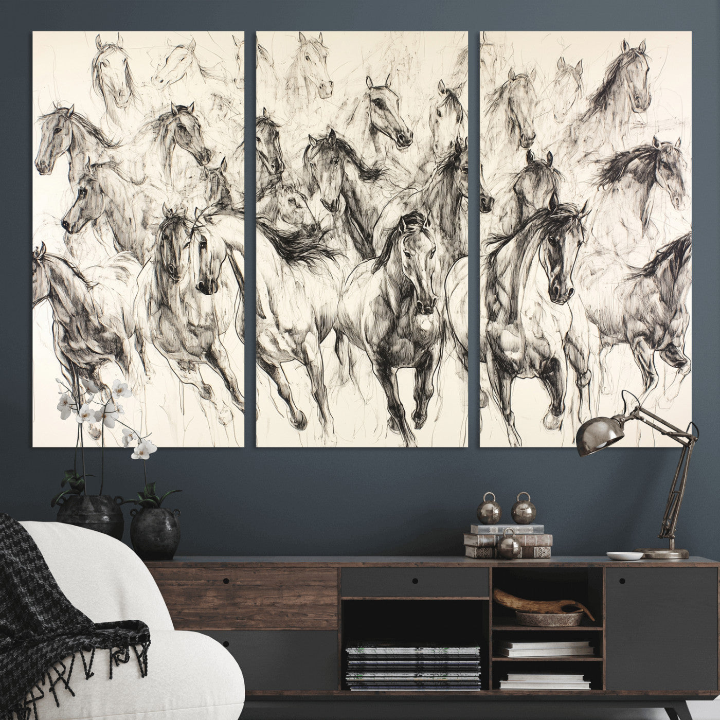 19433417-MGV-CV-36X24-Running Horses Wall Art Canvas Print, Framed Horse Sketch Art Picture Print, Galloping Herd Perfect Monochrome Western Decor