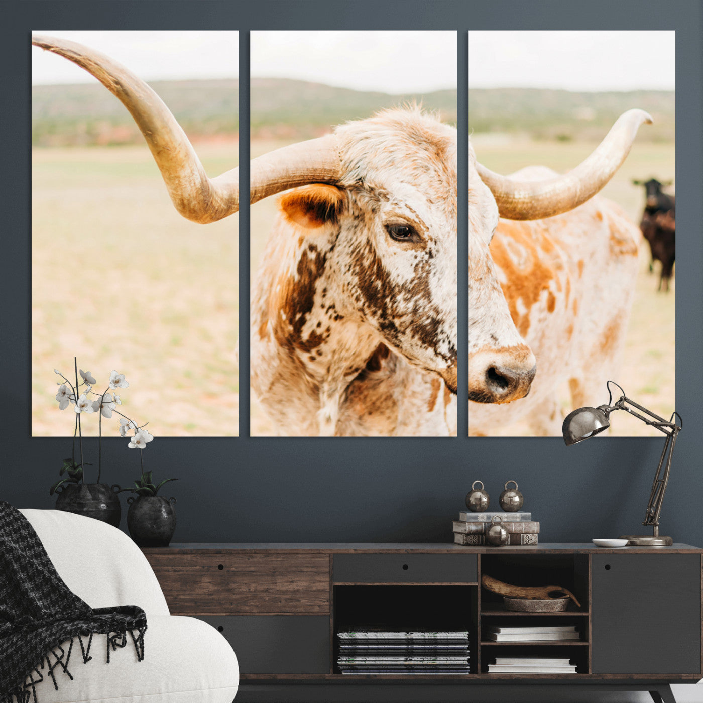 21060648-MGV-CV-36X24-Texas Longhorn Wall Art Canvas Print, Framed Speckled Cow Art Picture Print, Rustic Bull Perfect Rustic Western Decor Artwork