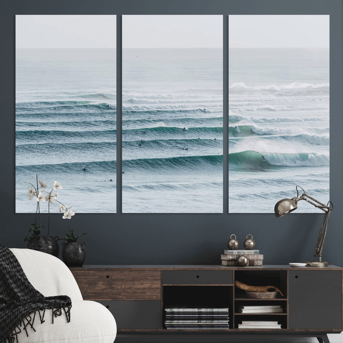 73969318-MGV-CV-36X24-Ocean Waves Wall Art Canvas Print, Framed Surfer Lineup Art Picture Print, Crowded Ocean Perfect Minimal Coastal Decor Artwork