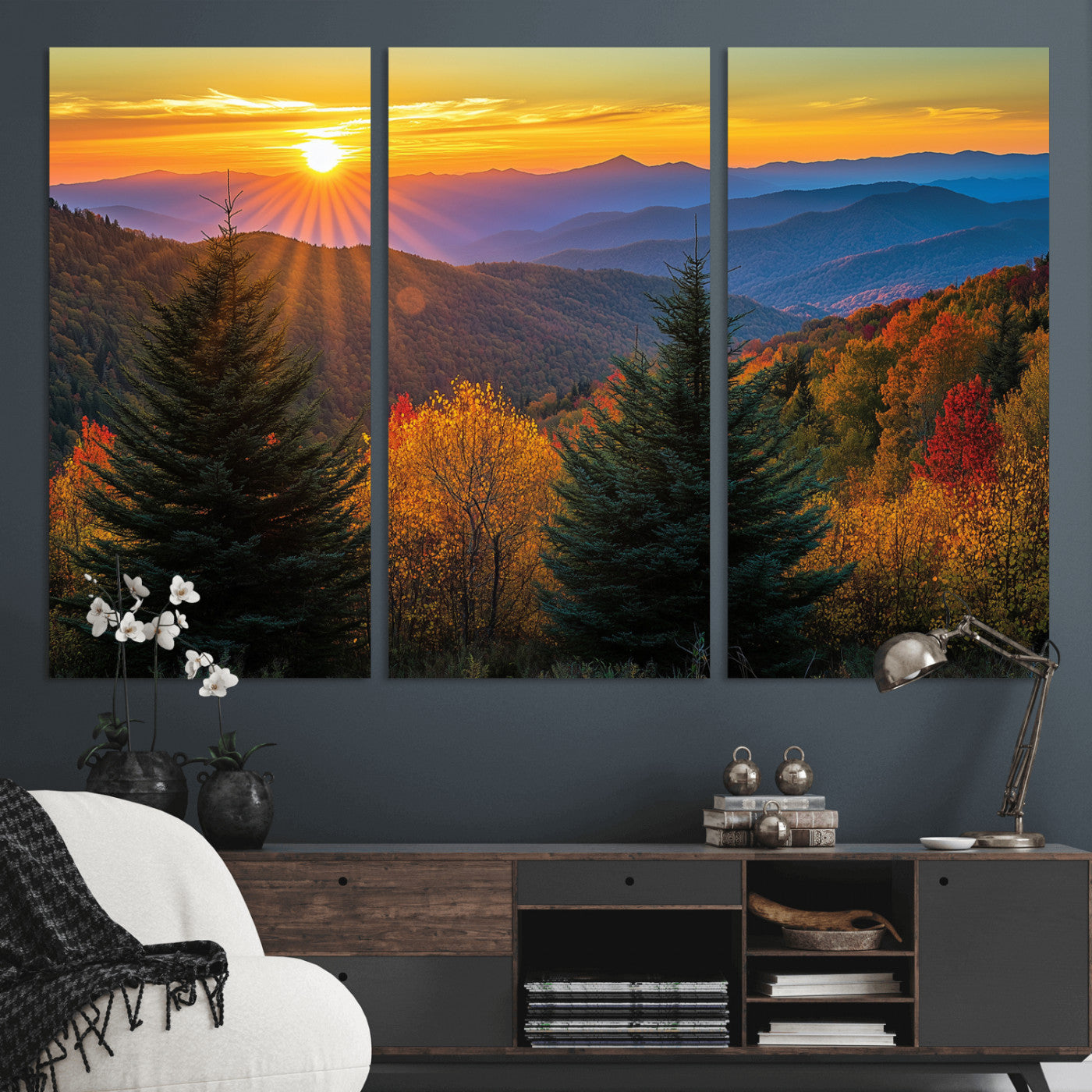 36964931-MGV-CV-36X24-Autumn Mountains Wall Art Canvas Print, Framed Sunset Glow Forest Art Picture Print, Golden Trees Perfect Vibrant Nature Decor