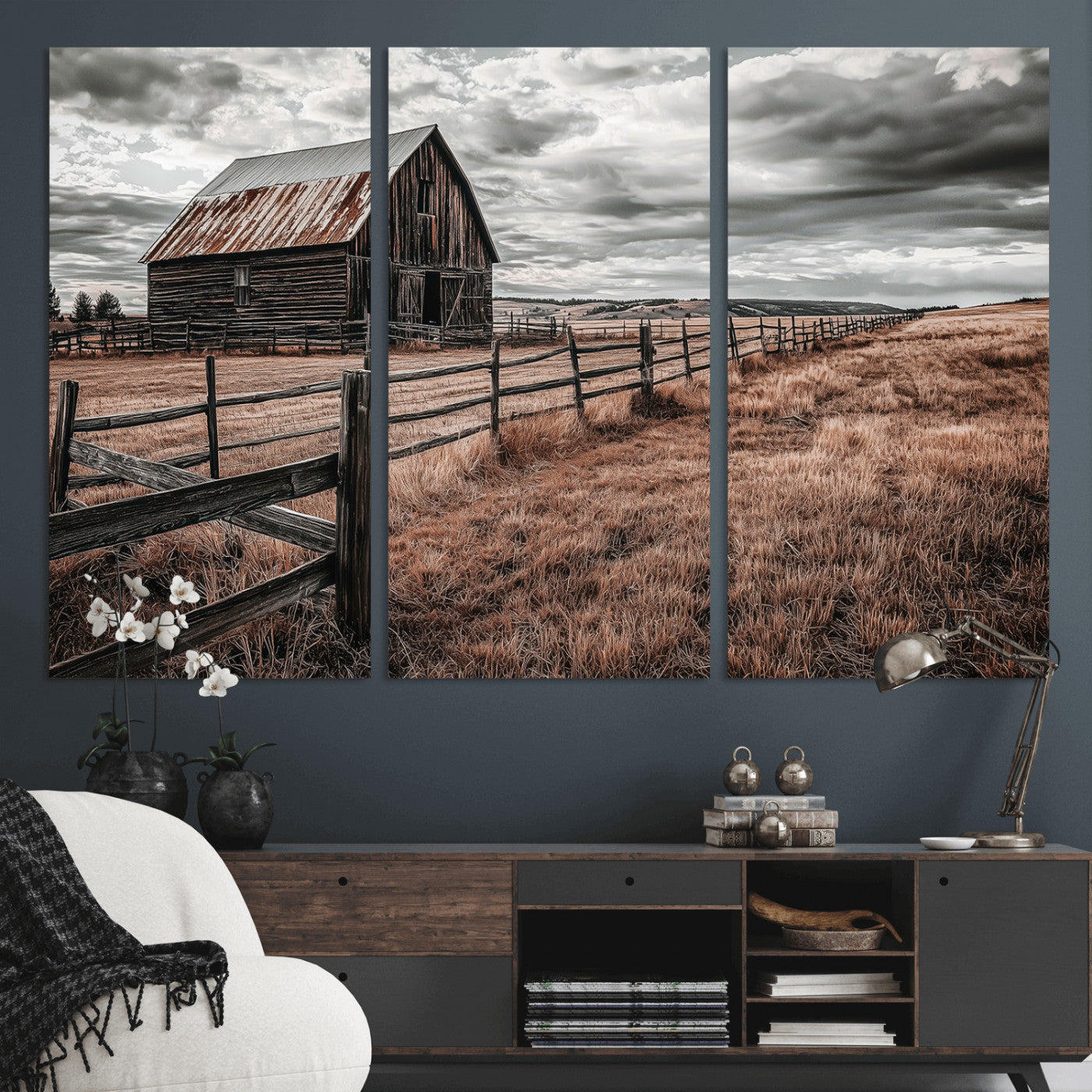 73898372-MGV-CV-36X24-Rustic Barn Wall Art Canvas Print, Framed Moody Field Art Picture Print, Weathered Fence Perfect Moody Farmhouse Decor Artwork