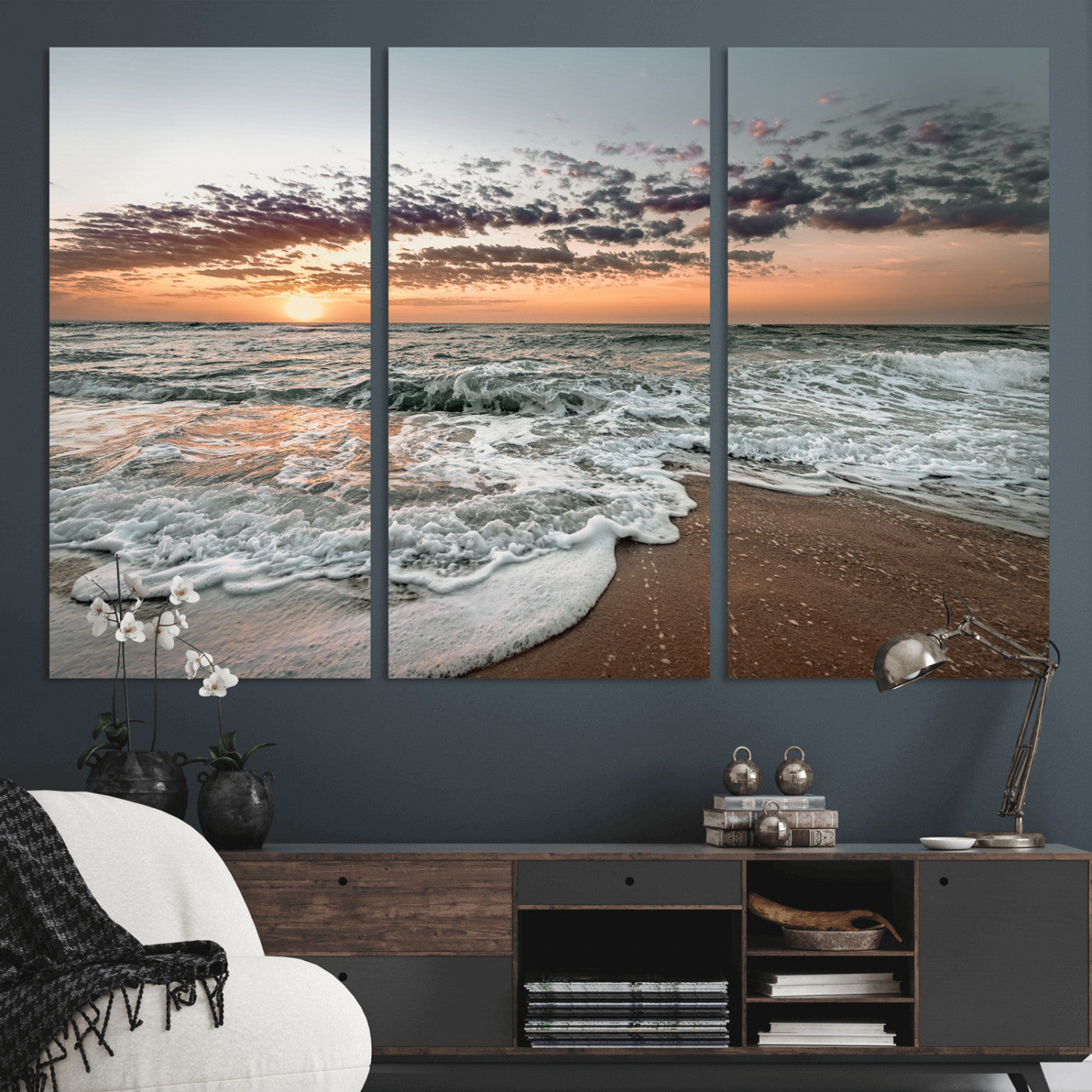 40632752-MGV-CV-36X24-Ocean Sunset Wall Art Canvas Print, Framed Beach Waves Art Picture Print, Coastal Scene Perfect Coastal Decor Artwork