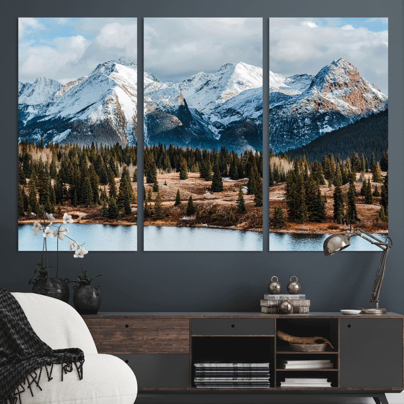 36247746-MGV-CV-36X24-Snowy Peaks Wall Art Canvas Print, Framed Alpine Lake Art Picture Print, Pine Forest Perfect Alpine Wilderness Decor Artwork