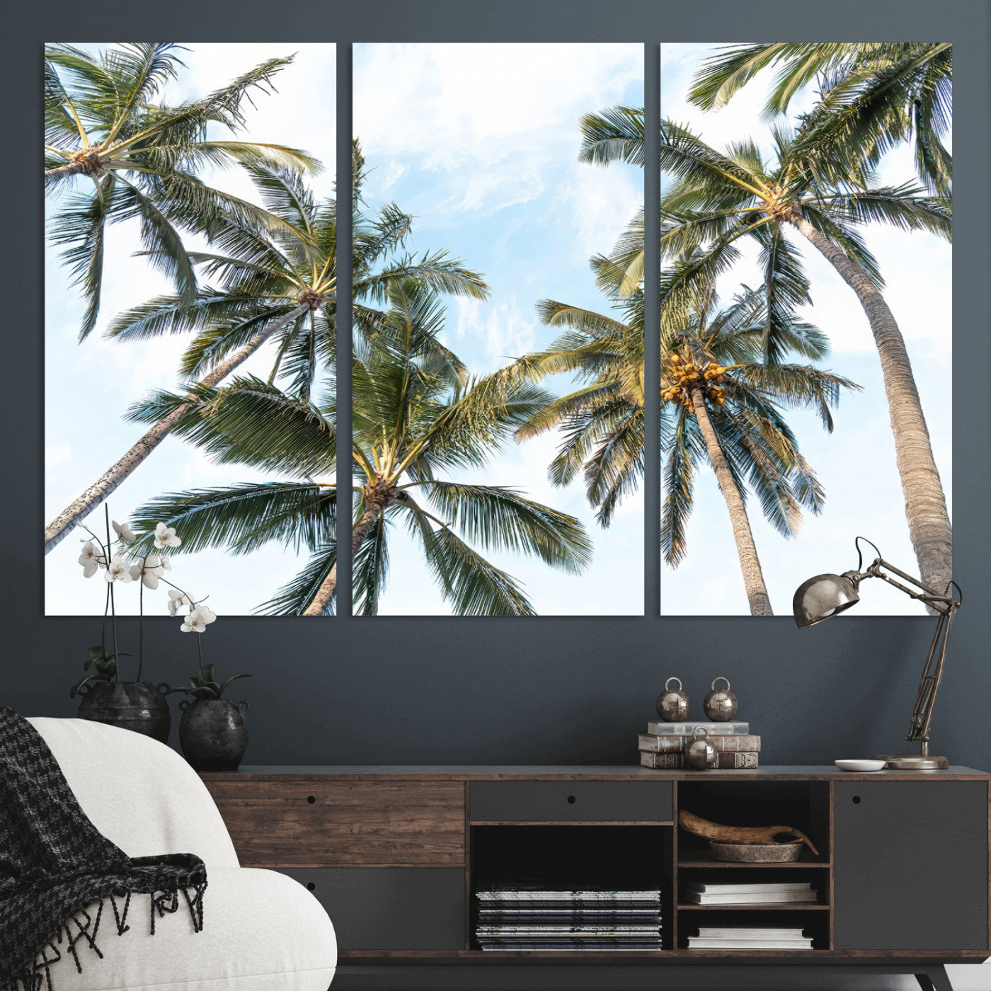 87247012-MGV-CV-36X24-Skyward Palm Trees Wall Art Canvas Print, Framed Tropical Sky Art Picture Print, Coconut Palm Perfect Tropical Skyview Decor
