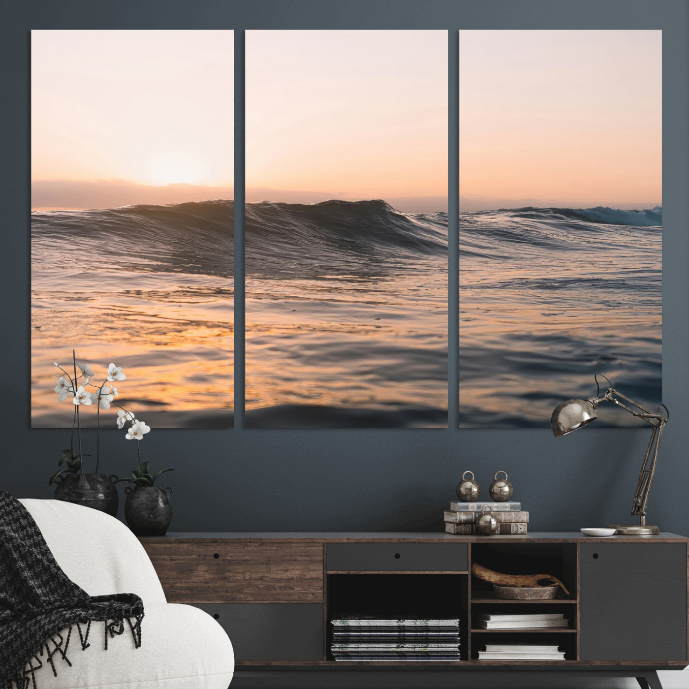 46299358-MGV-CV-36X24-Sunset Waves Wall Art Canvas Print, Framed Ocean Horizon Art Picture Print, Golden Water Perfect Golden Hour Coastal Decor Artwork