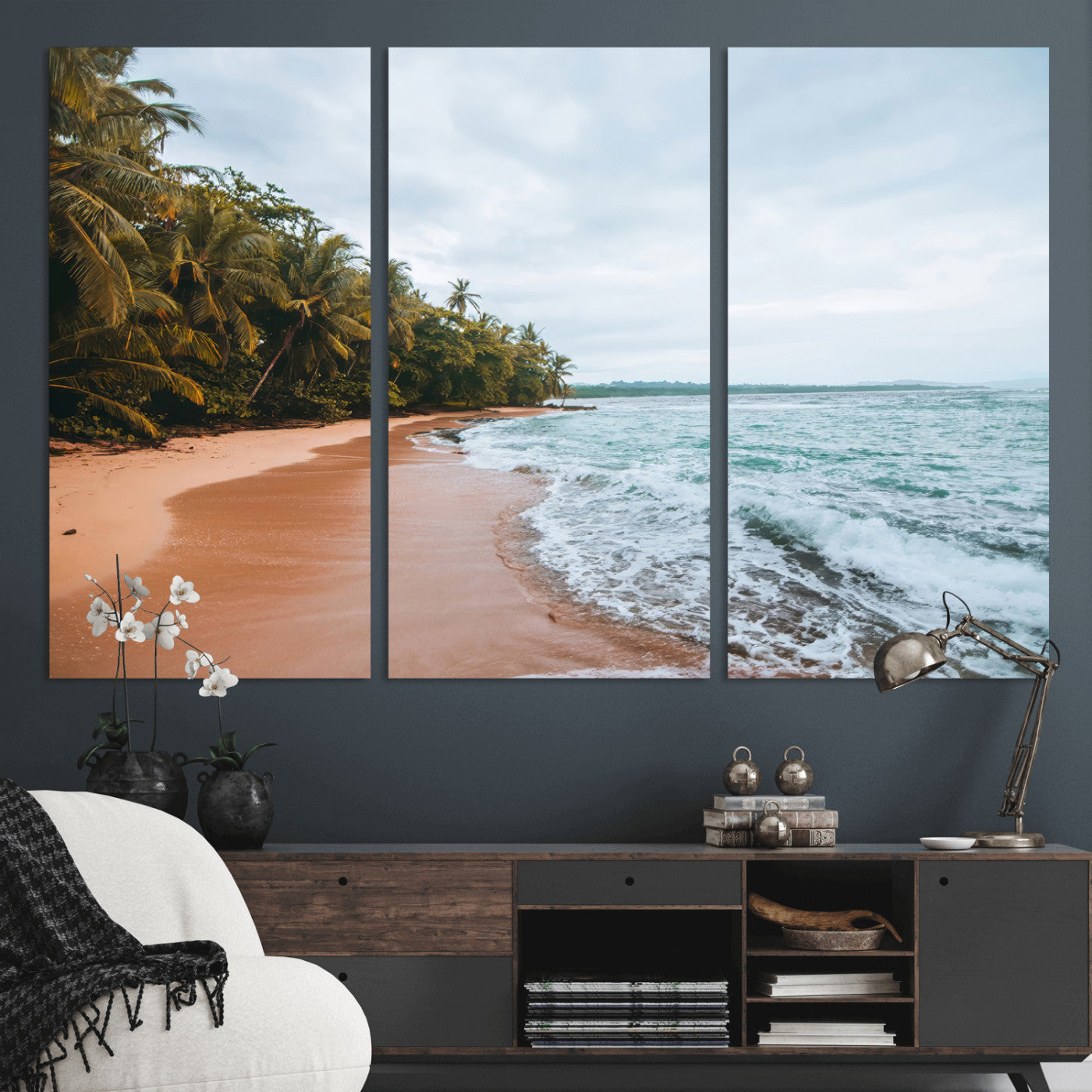 88125882-MGV-CV-36X24-Tropical Shoreline Wall Art Canvas Print, Framed Palm Trees Art Picture Print, Tropical Ocean Perfect Tropical Coastal Decor