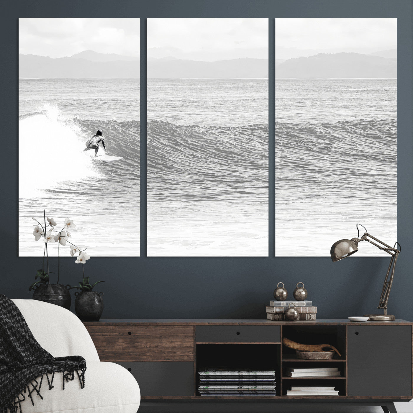 81535128-MGV-CV-36X24-Surfer Woman Wall Art Canvas Print, Framed Black Ocean Art Picture Print, Ocean Surfing Perfect Monochrome Coastal Decor Artwork